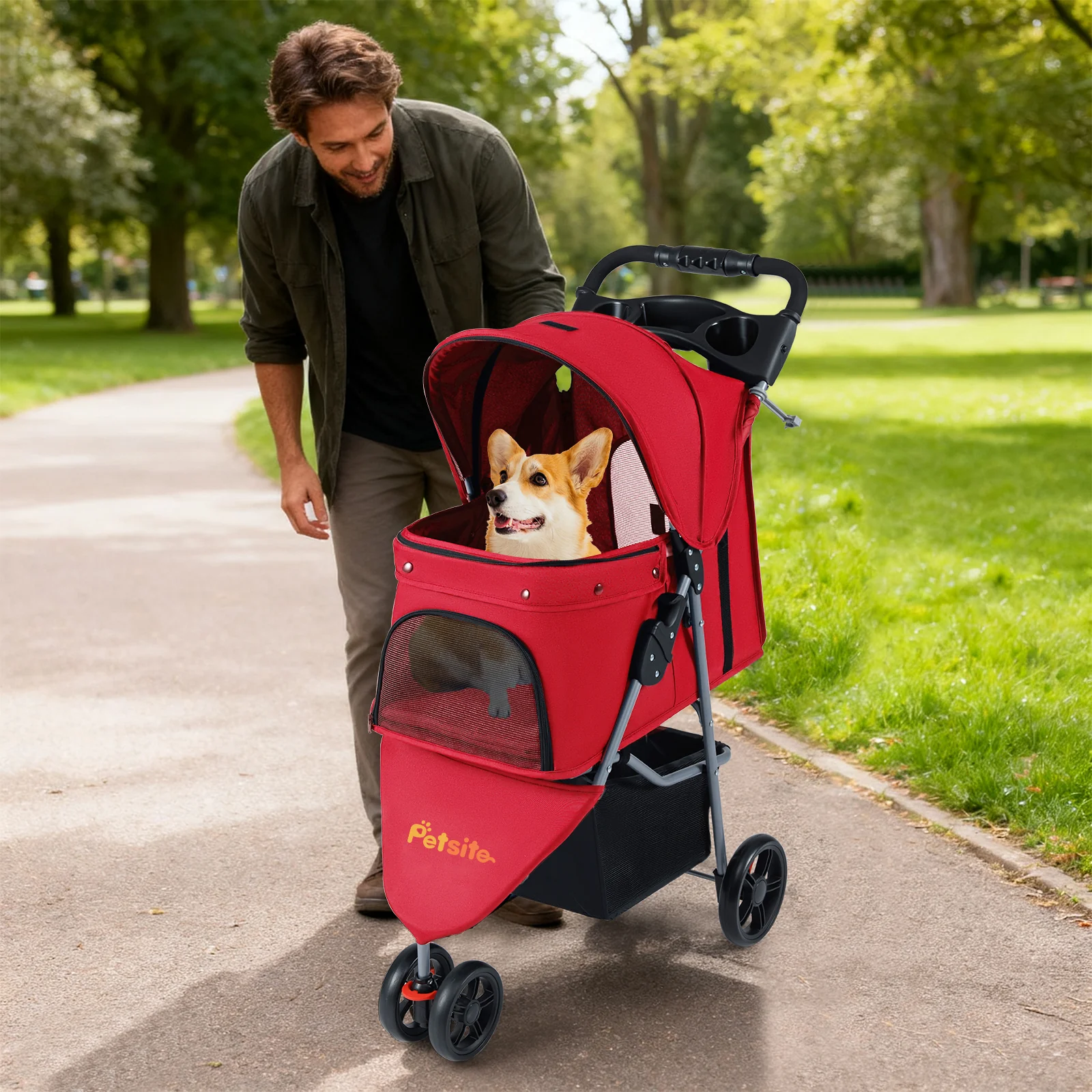 Folding Pet Stroller, Adjustable Canopy, Red - Image 3