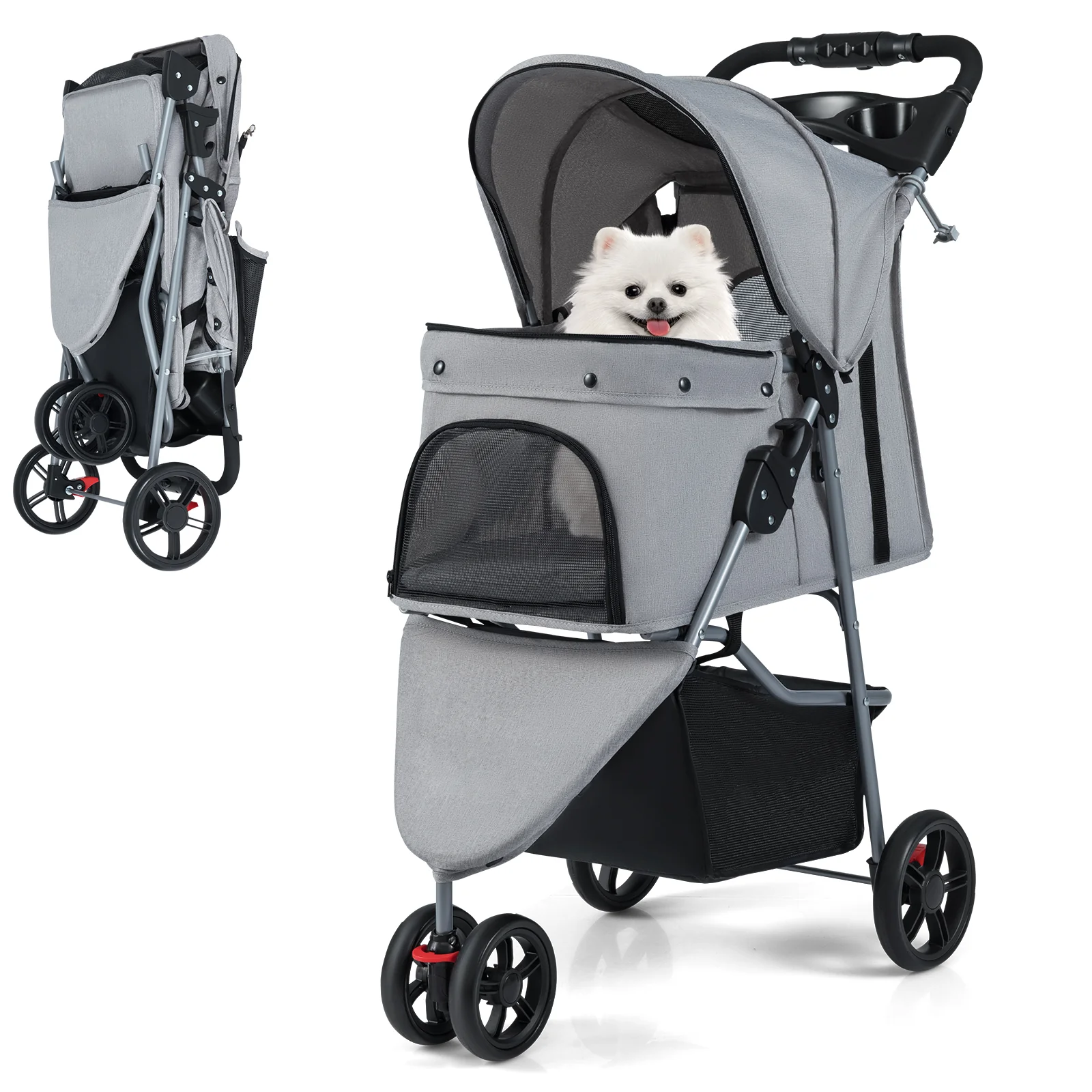 Folding Pet Stroller, Lightweight Cat Cart, Adjustable Canopy, Gray - Image 5