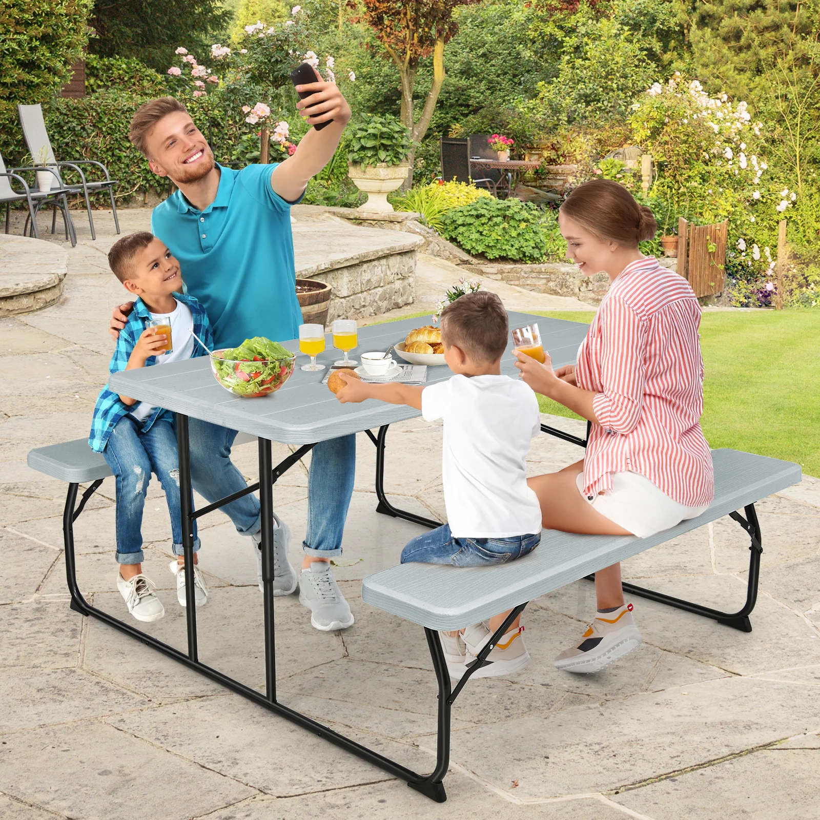 Folding Picnic Table Bench Set, Indoor Outdoor, Wood-Like Texture, Gray