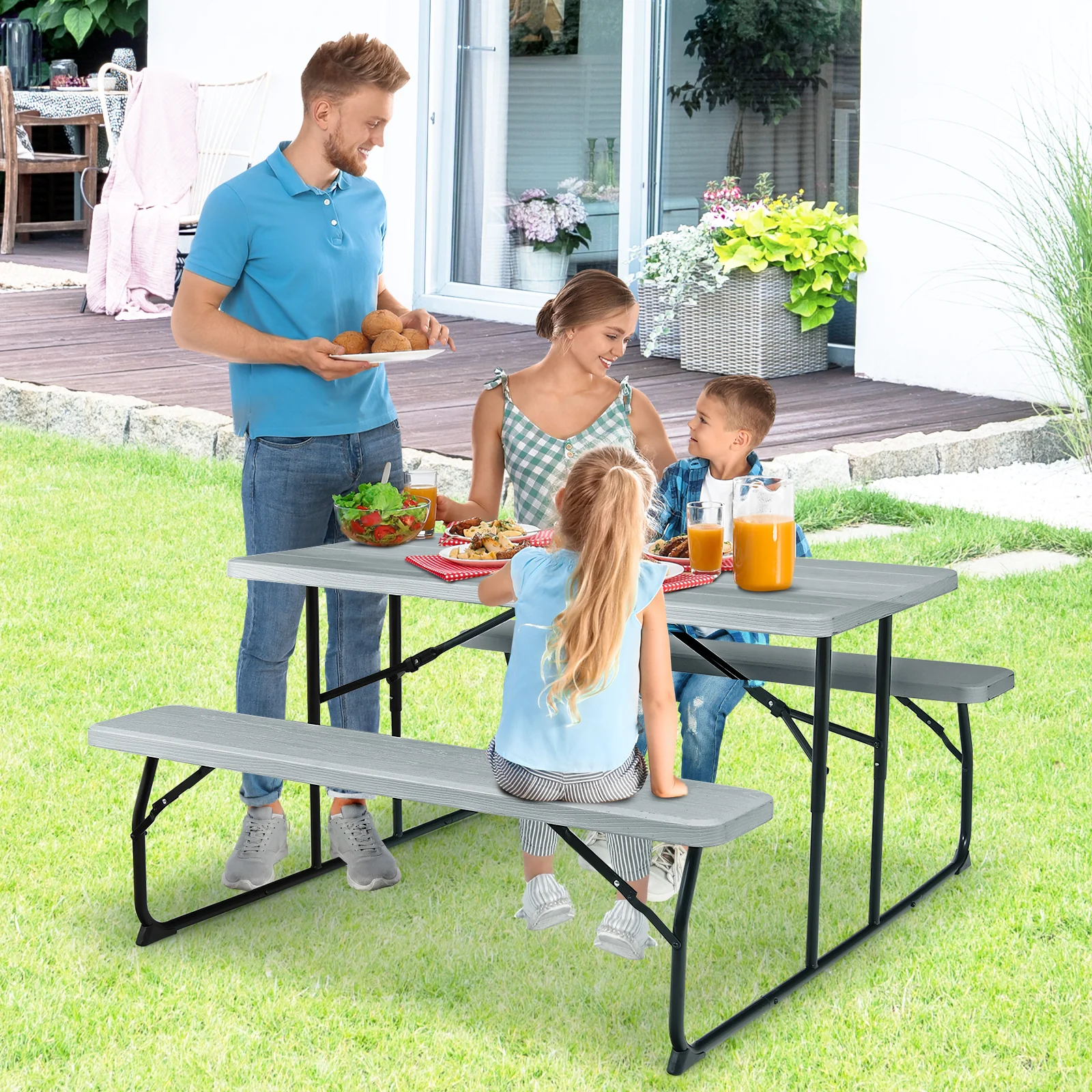 Folding Picnic Table Bench Set, Indoor Outdoor, Wood-Like Texture, Gray - Image 2