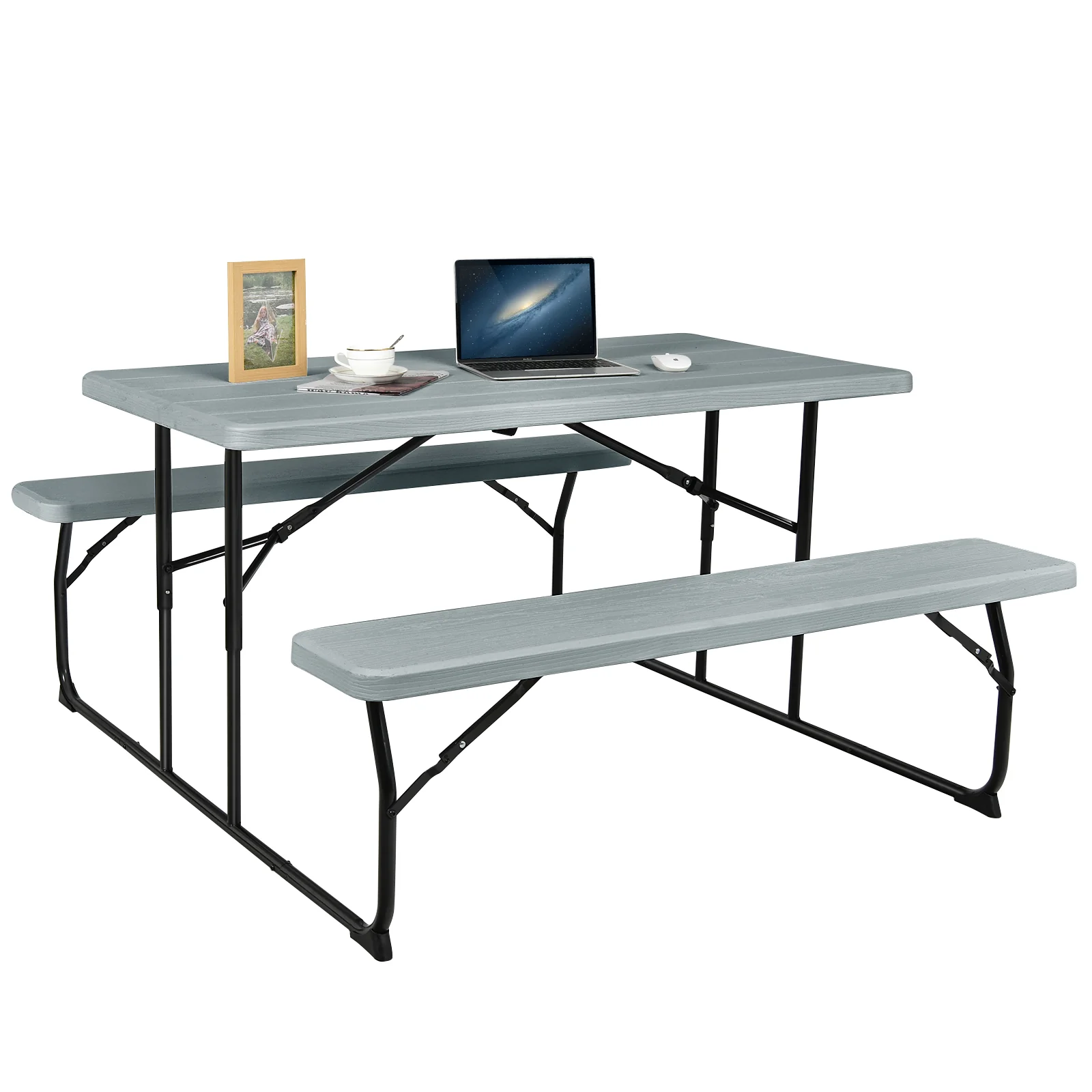 Folding Picnic Table Bench Set, Indoor Outdoor, Wood-Like Texture, Gray - Image 4