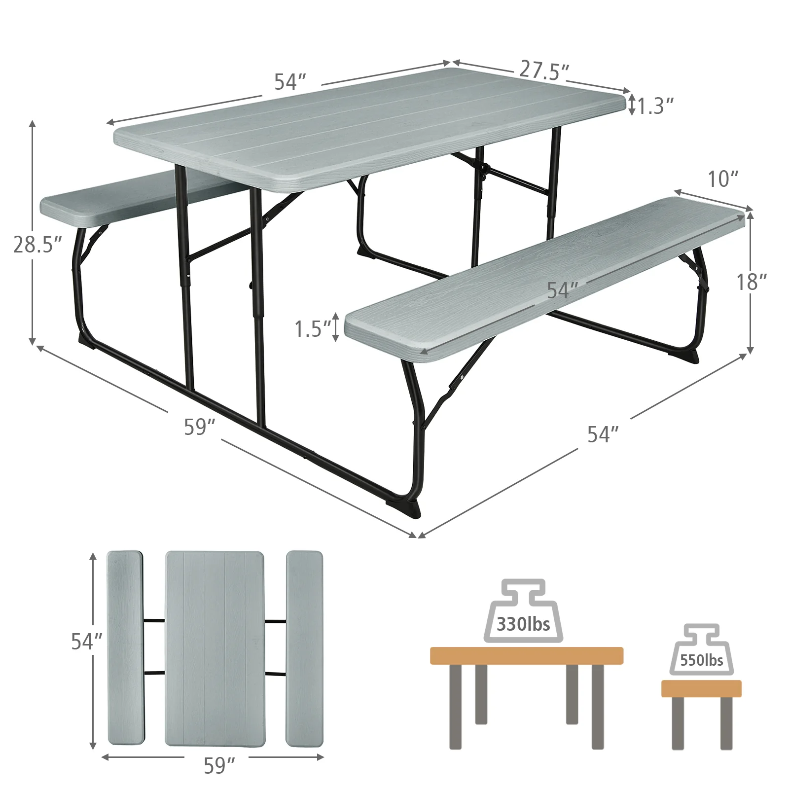 Folding Picnic Table Bench Set, Indoor Outdoor, Wood-Like Texture, Gray - Image 5