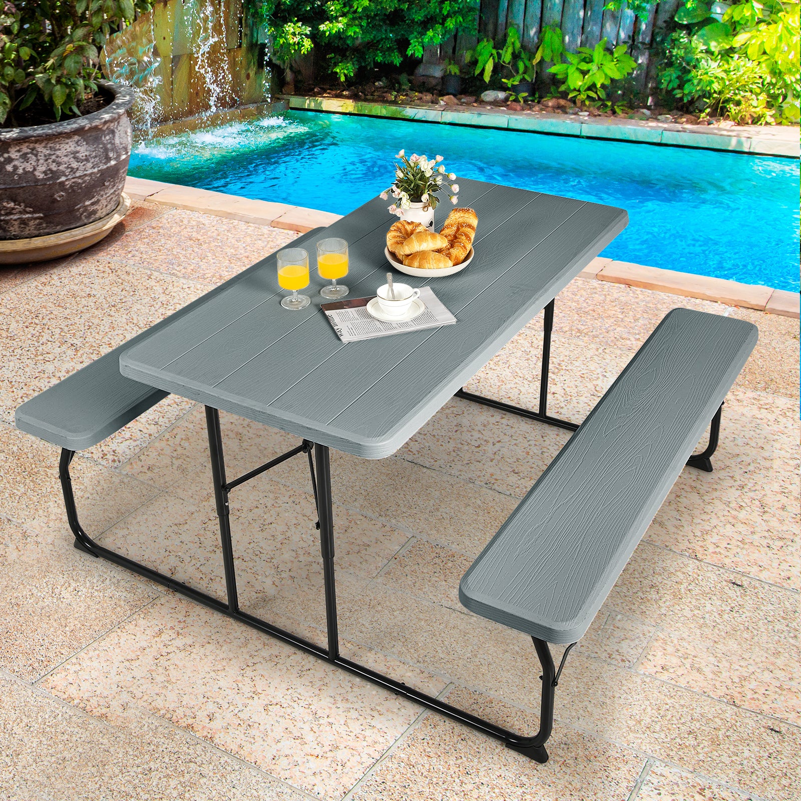 Folding Picnic Table Bench Set, Indoor Outdoor, Wood-Like Texture, Gray - Image 6