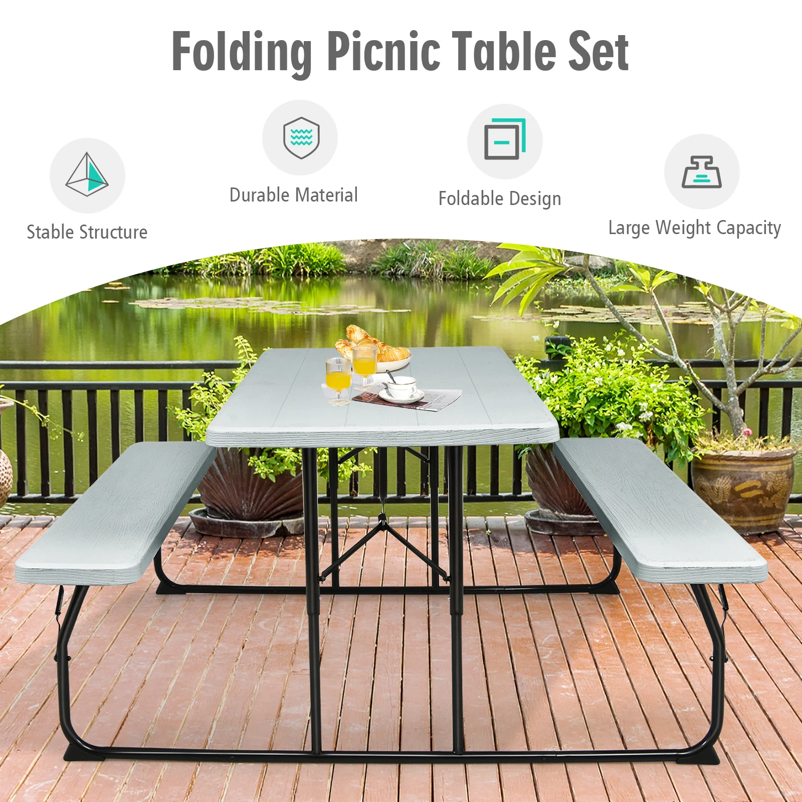 Folding Picnic Table Bench Set, Indoor Outdoor, Wood-Like Texture, Gray - Image 7