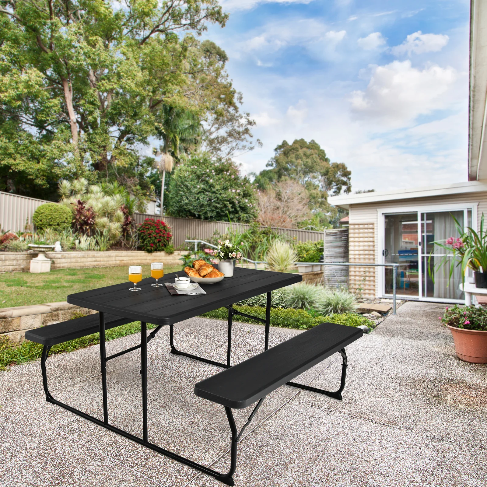 Folding Picnic Table Bench Set, Wood-Like Texture, Black - Image 2