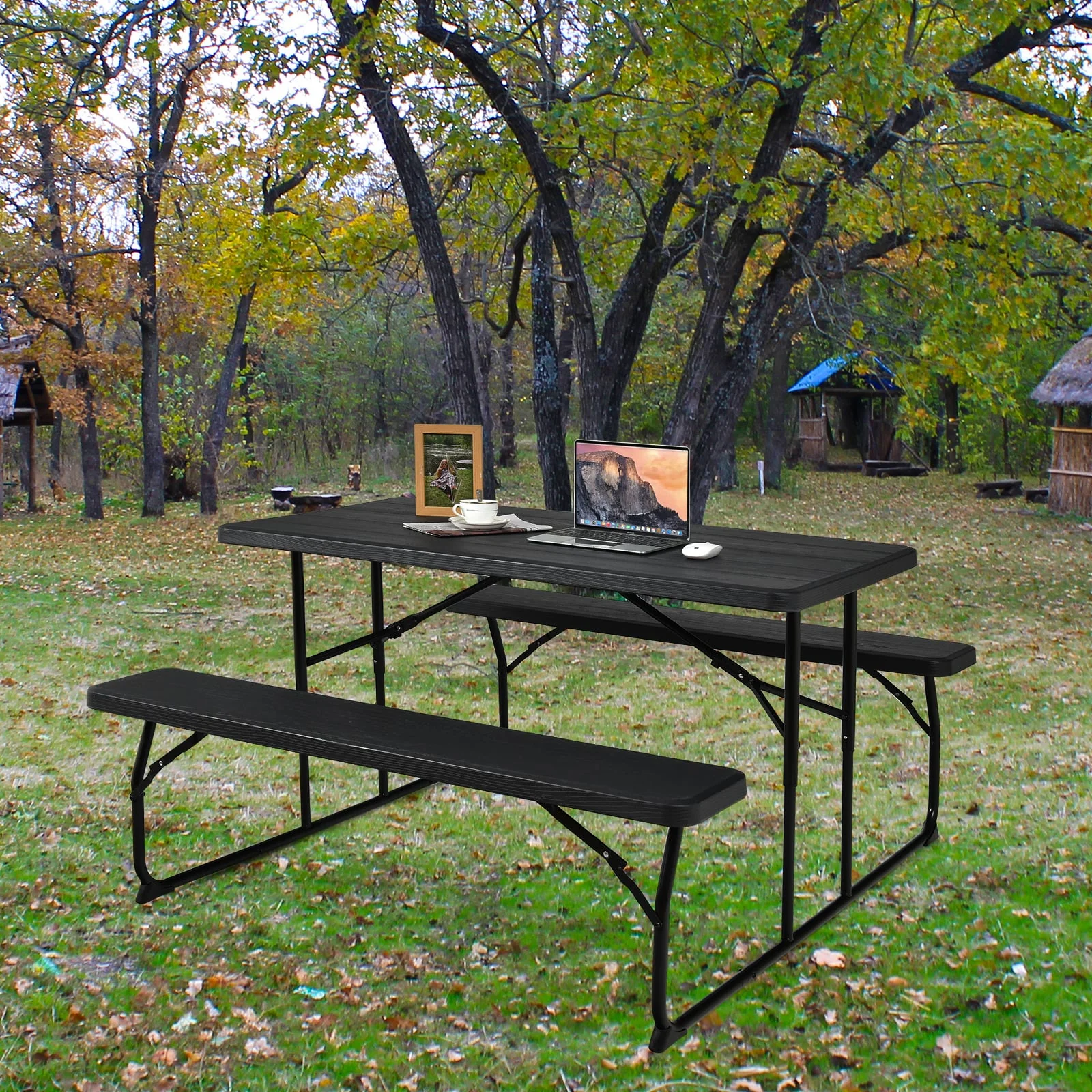 Folding Picnic Table Bench Set, Wood-Like Texture, Black - Image 3