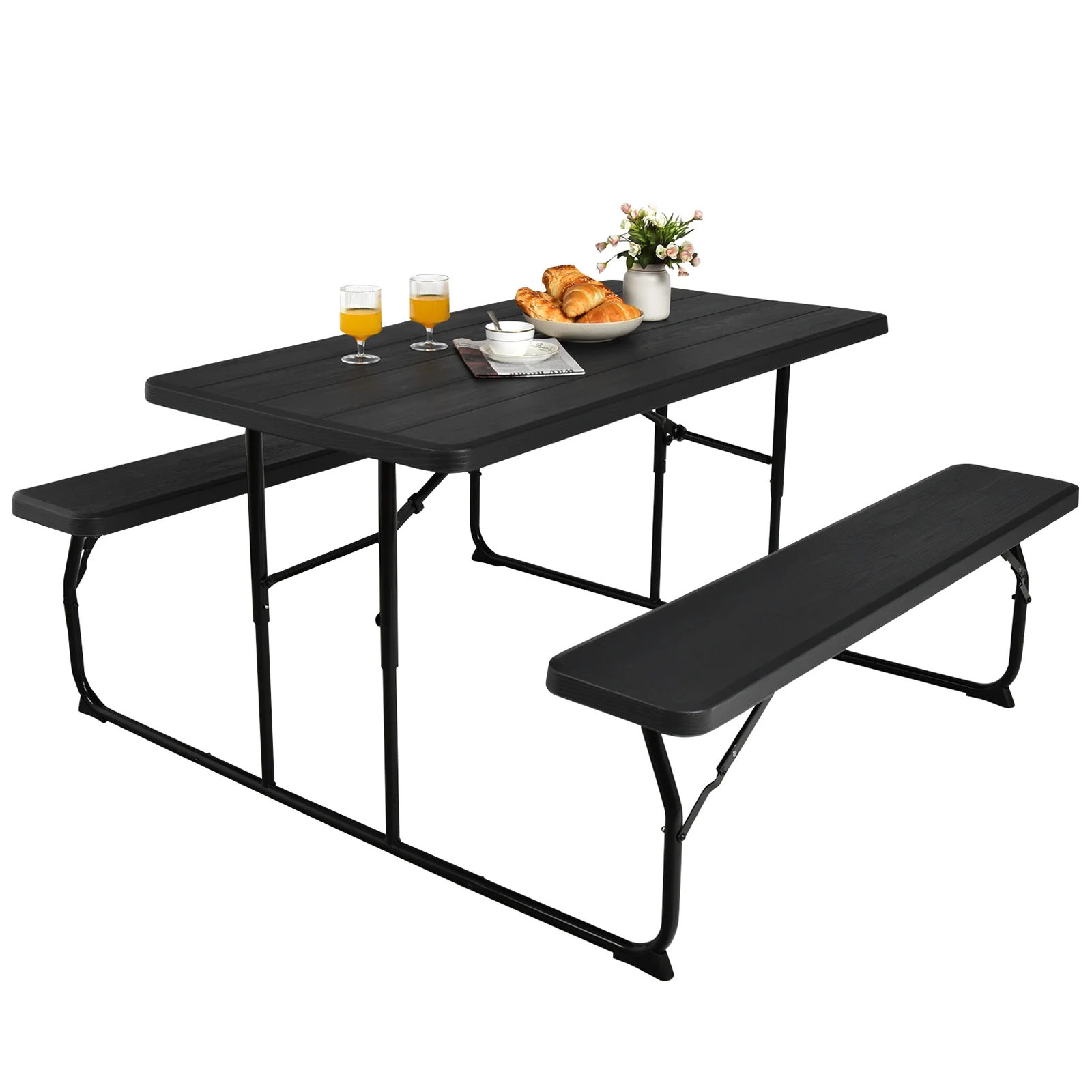 Folding Picnic Table Bench Set, Wood-Like Texture, Black - Image 5