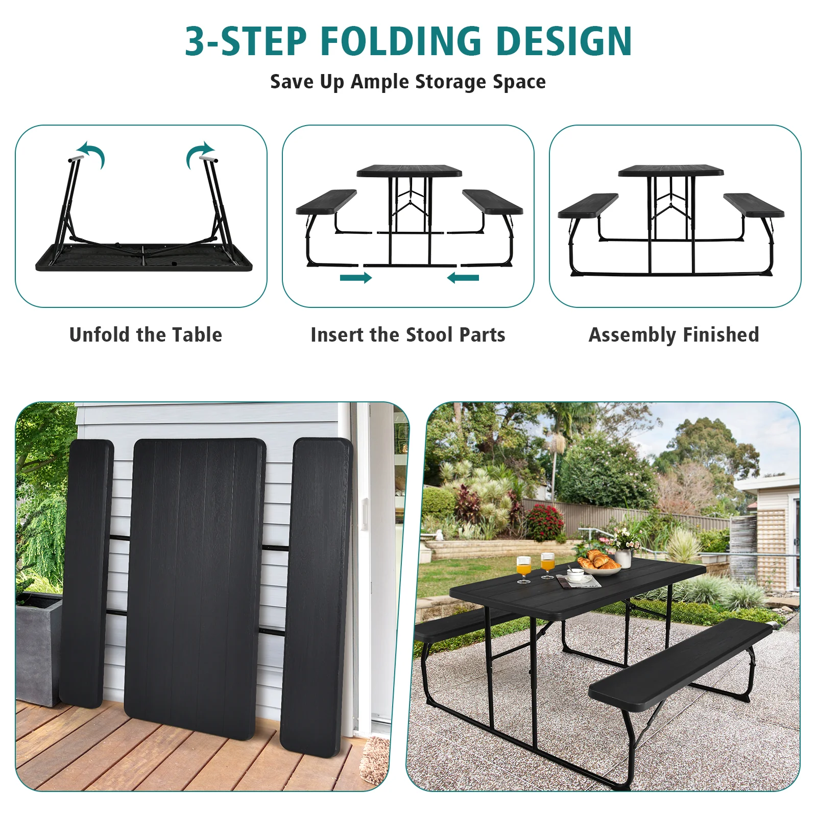 Folding Picnic Table Bench Set, Wood-Like Texture, Black - Image 7