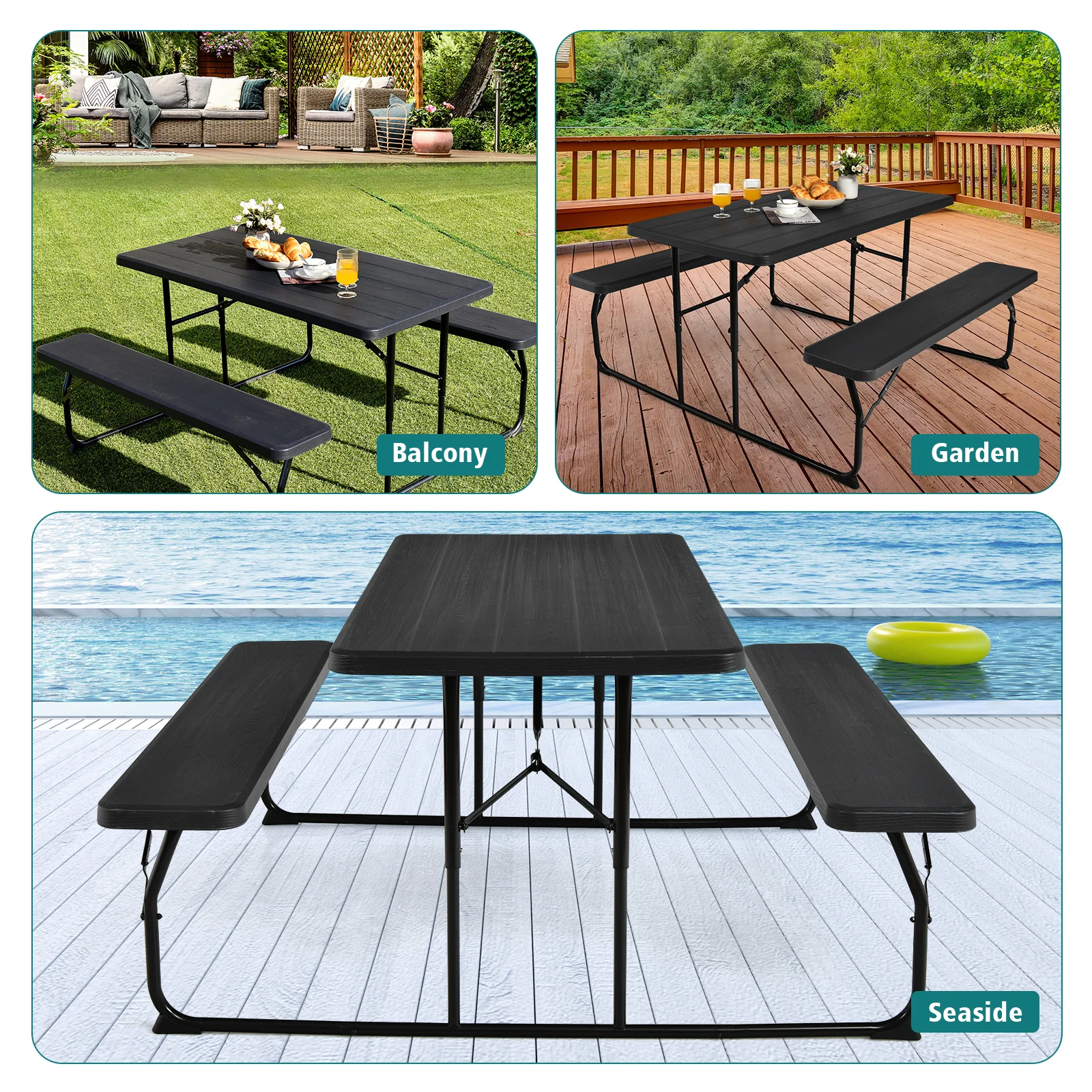 Folding Picnic Table Bench Set, Wood-Like Texture, Black - Image 9