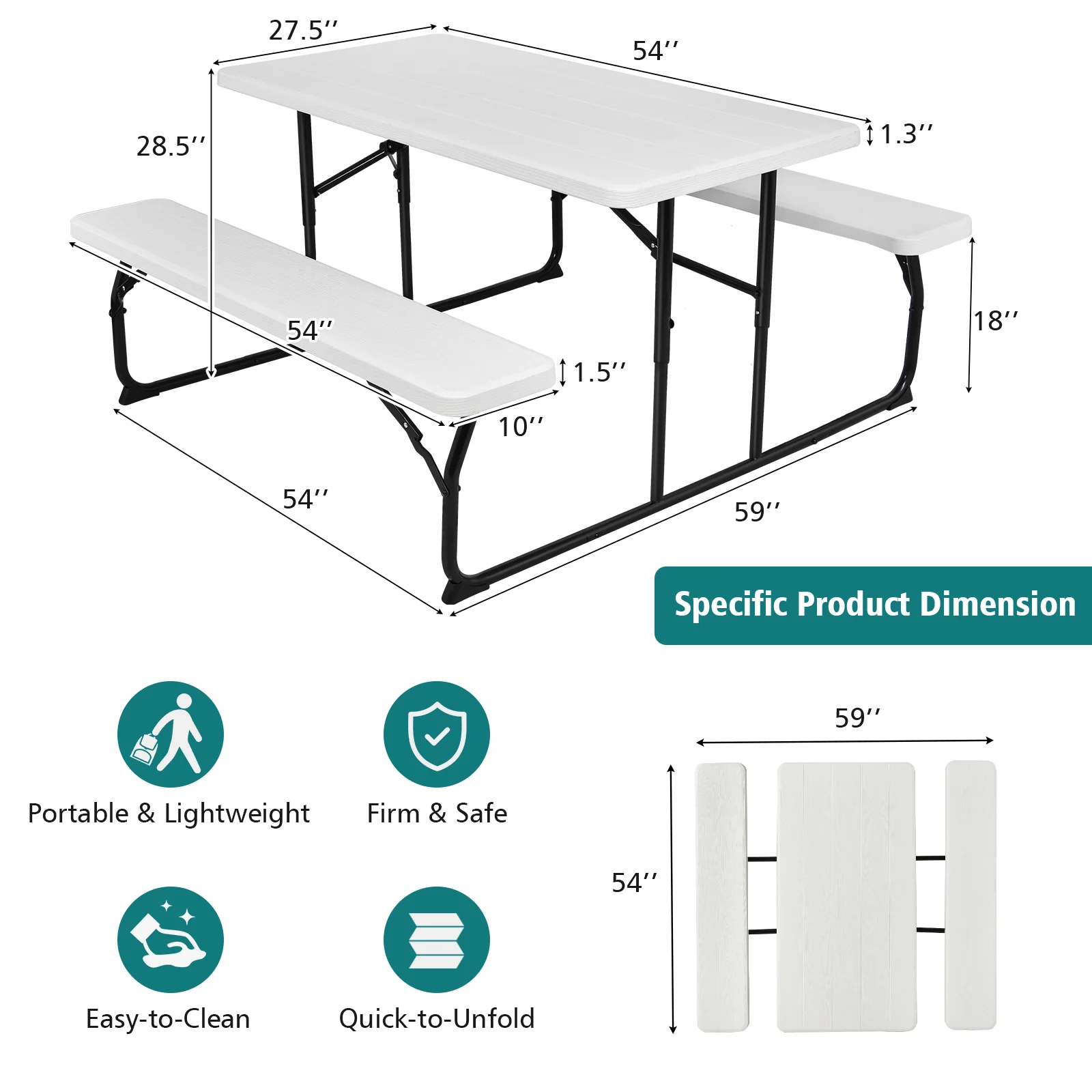 Folding Picnic Table Bench Set, Wood-Like Texture, White - Image 6