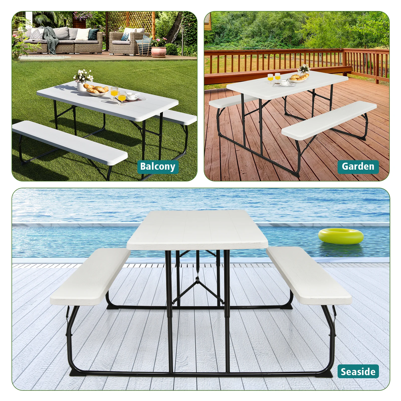 Folding Picnic Table Bench Set, Wood-Like Texture, White - Image 9