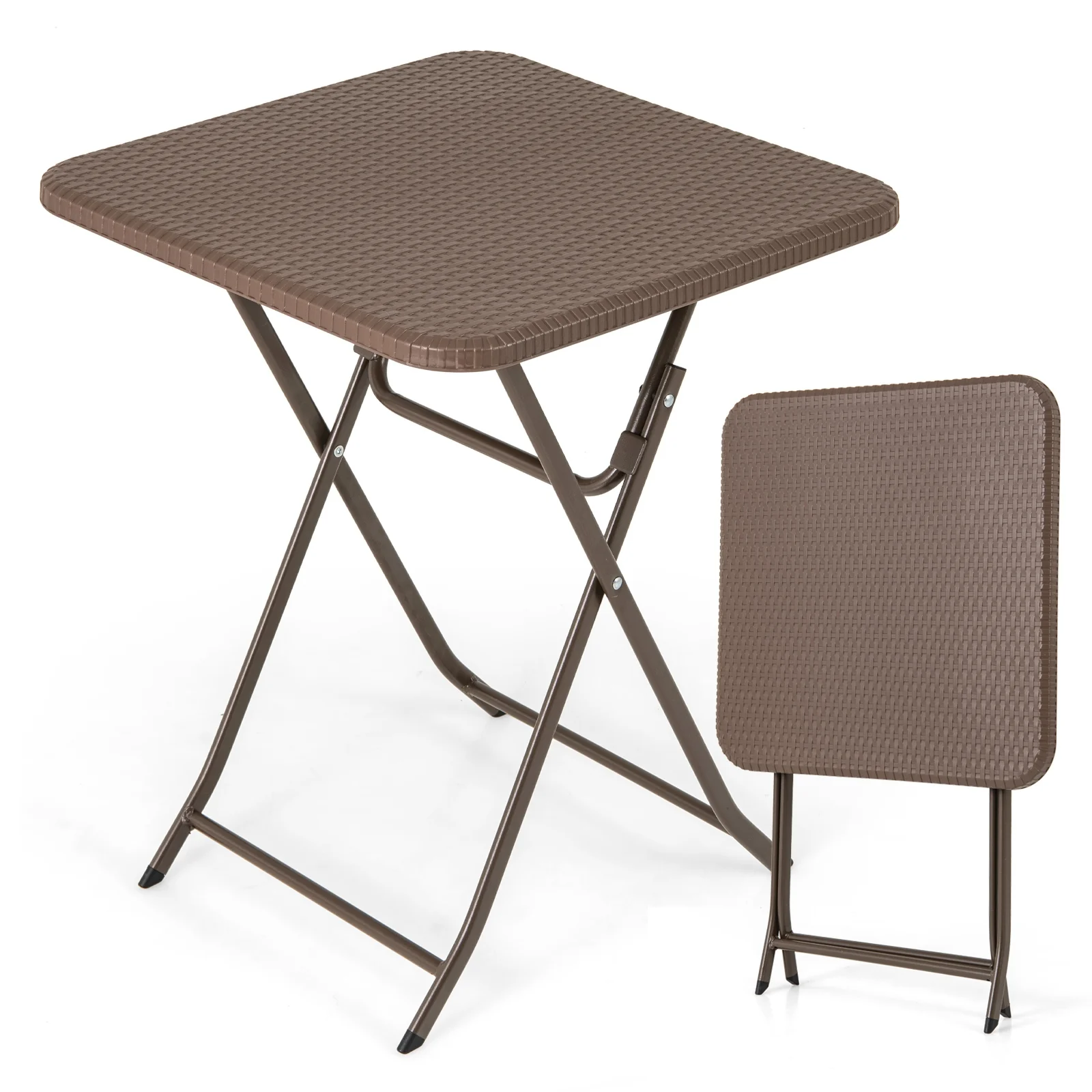 Folding Picnic Table, Rattan Grain HDPE Tabletop, Sturdy Metal Frame, Coffee