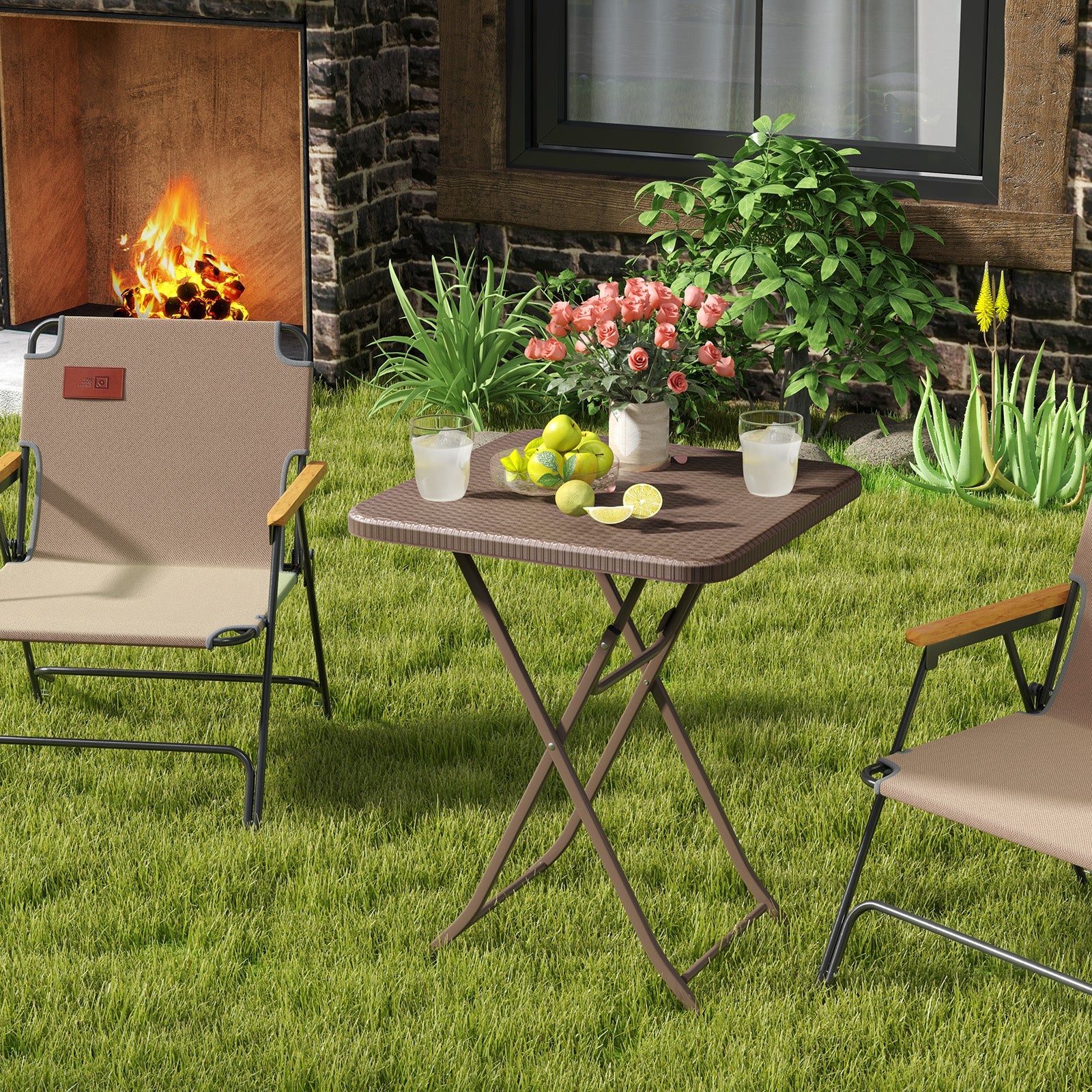 Folding Picnic Table, Rattan Grain HDPE Tabletop, Sturdy Metal Frame, Coffee - Image 2