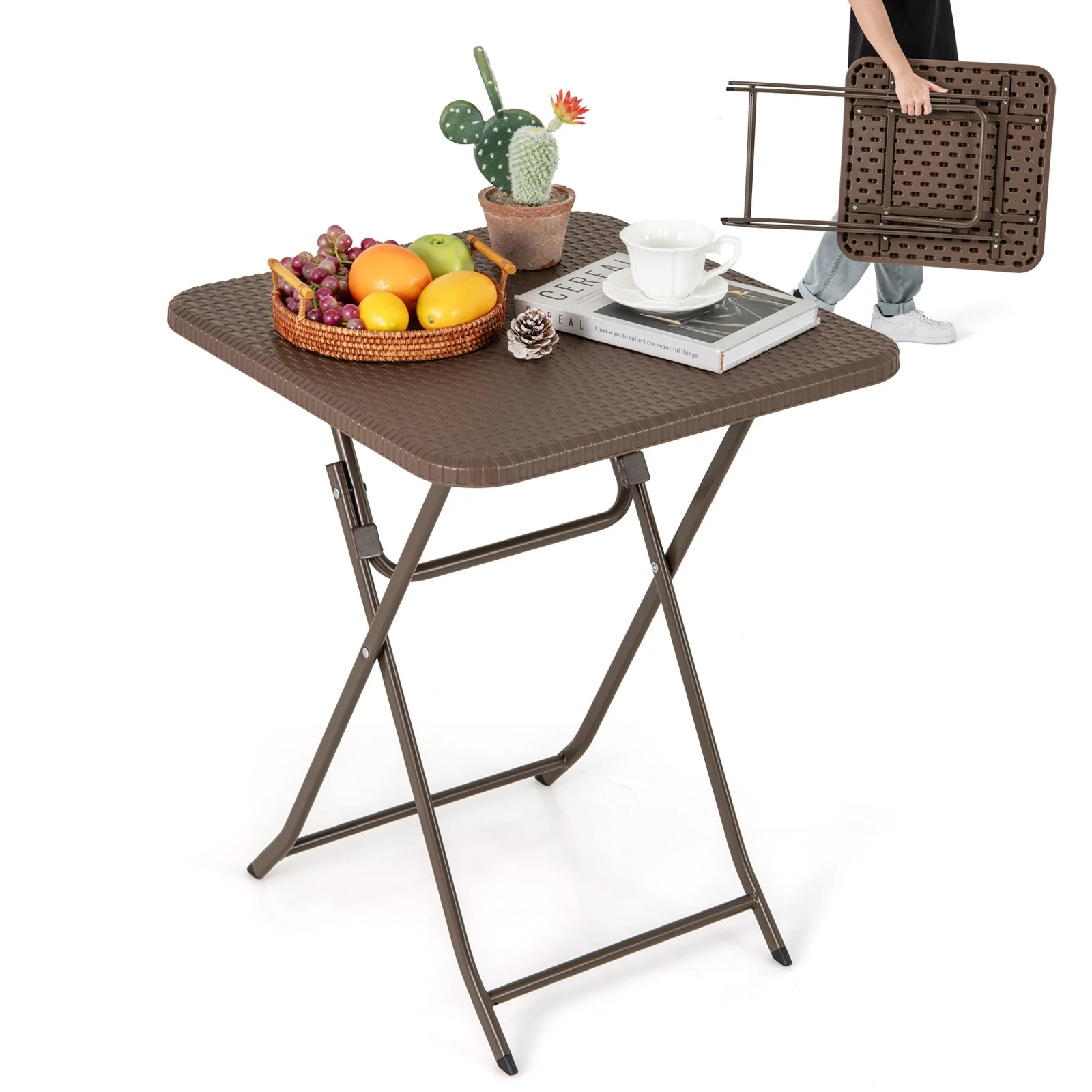 Folding Picnic Table, Rattan Grain HDPE Tabletop, Sturdy Metal Frame, Coffee - Image 5