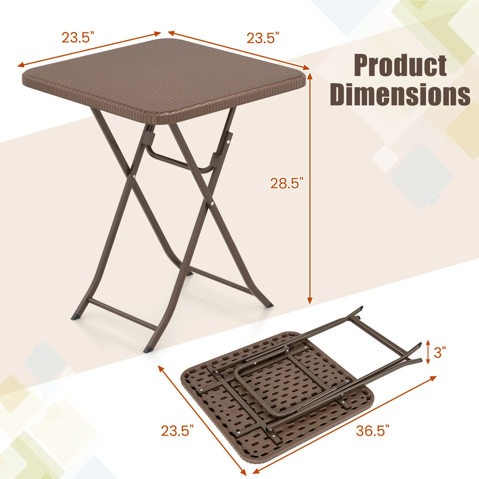 Folding Picnic Table, Rattan Grain HDPE Tabletop, Sturdy Metal Frame, Coffee - Image 6