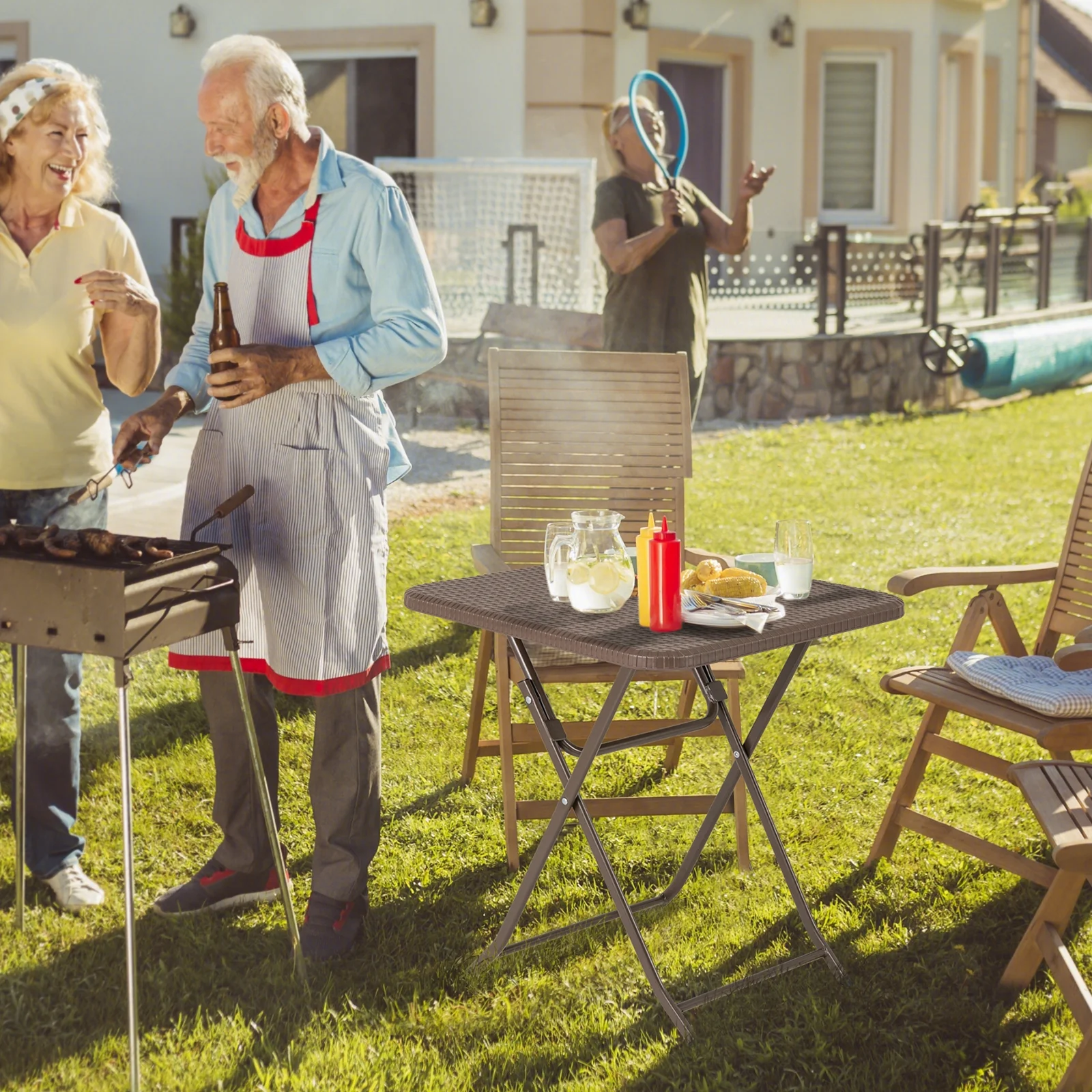 Folding Picnic Table, Rattan Grain HDPE Tabletop, Sturdy Metal Frame, Coffee - Image 7