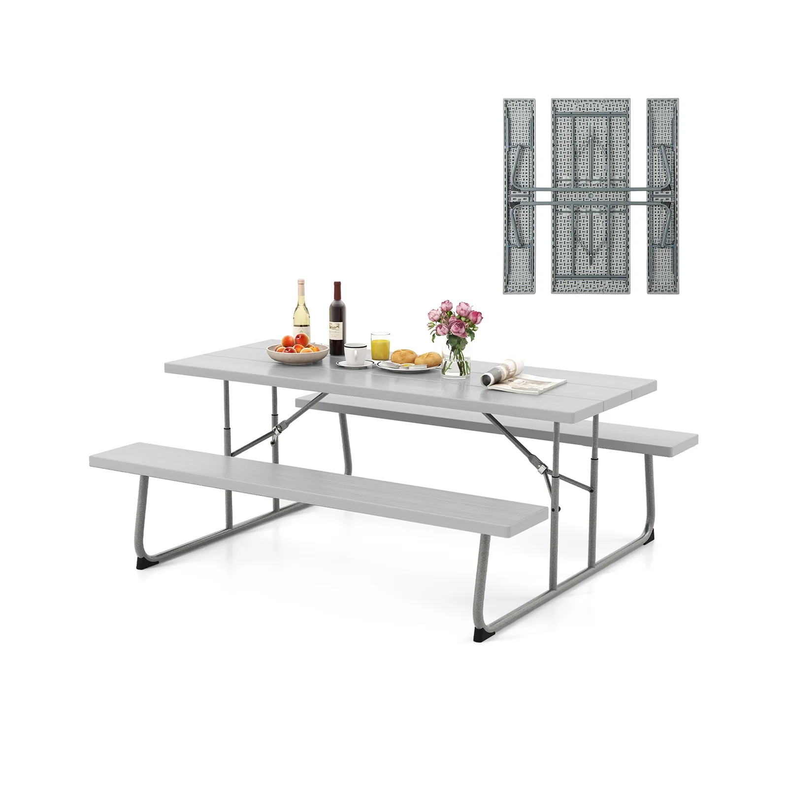 Folding Picnic Table Set, Metal Frame, HDPE Tabletop, Gray - Image 4
