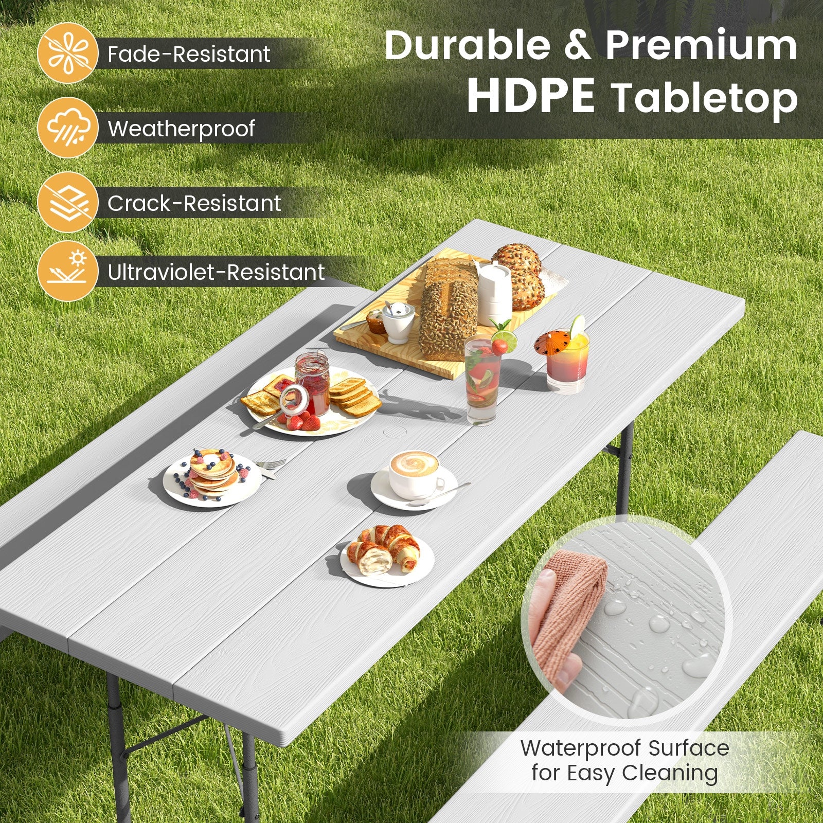 Folding Picnic Table Set, Metal Frame, HDPE Tabletop, Gray - Image 7