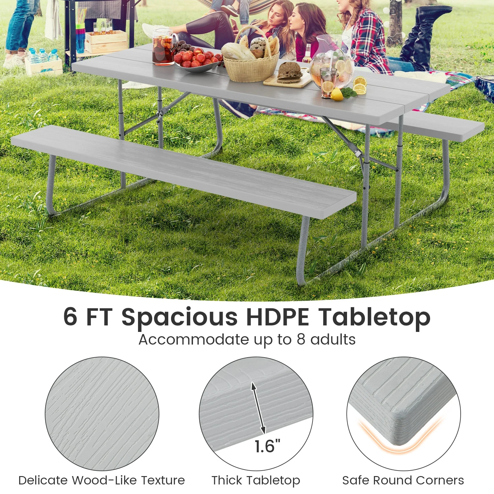 Folding Picnic Table Set, Metal Frame, HDPE Tabletop, Gray - Image 8