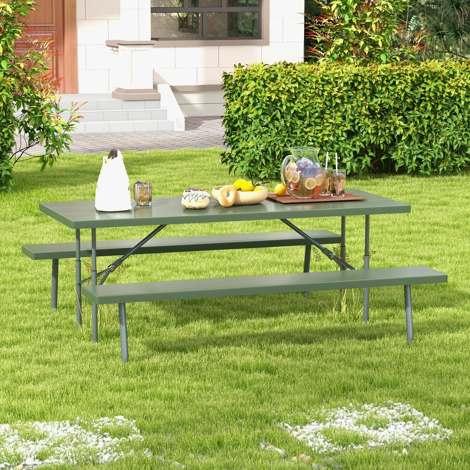 Folding Picnic Table Set, Metal Frame, HDPE Tabletop, Green - Image 3