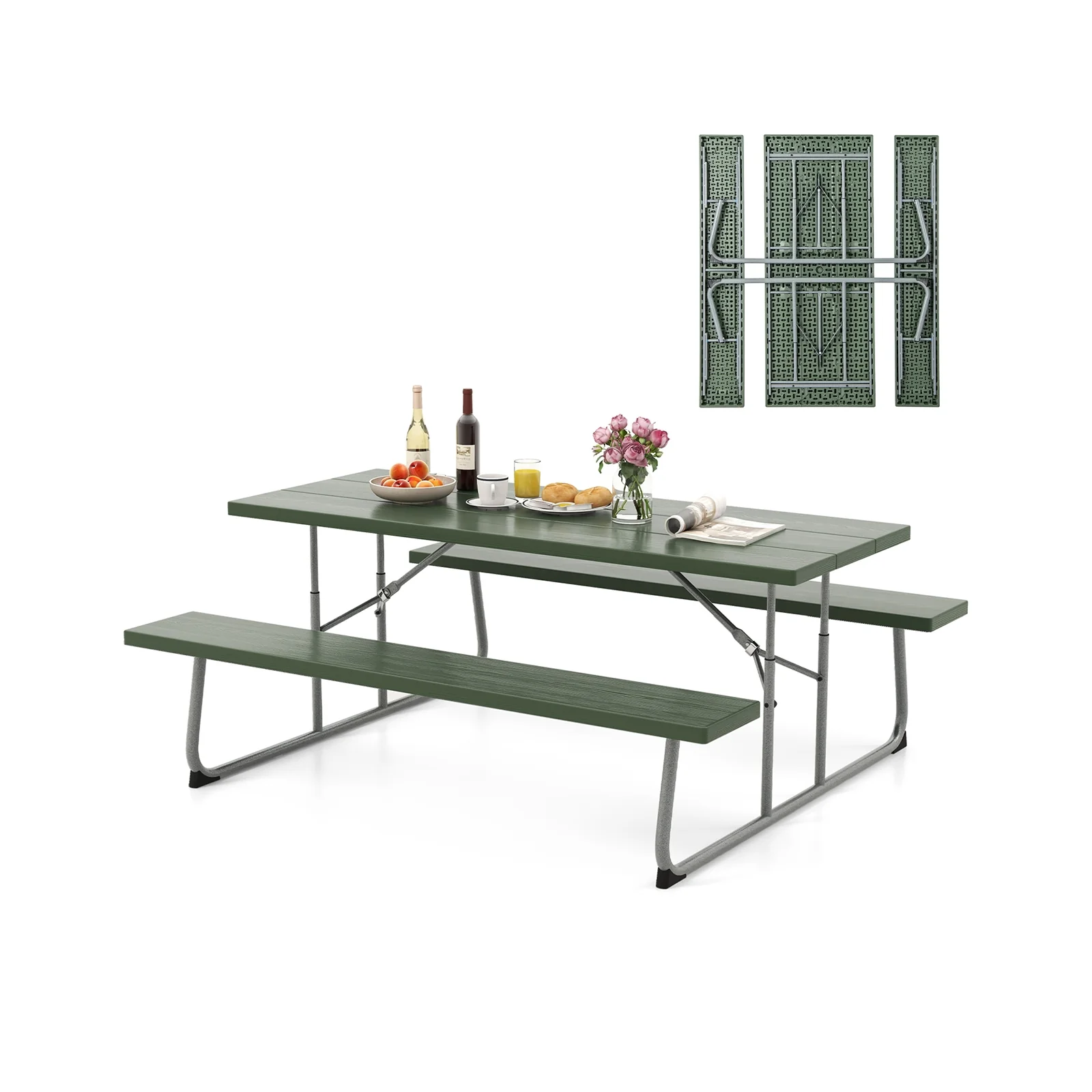 Folding Picnic Table Set, Metal Frame, HDPE Tabletop, Green - Image 4
