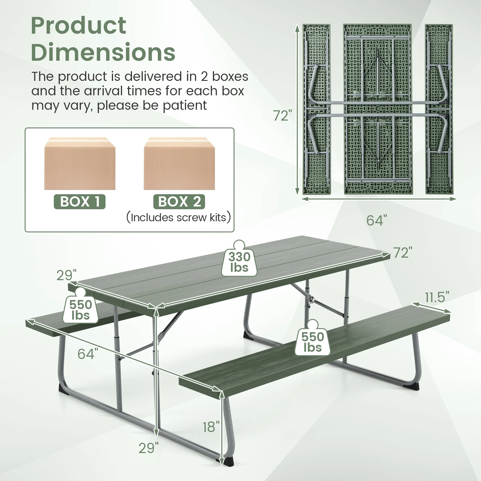 Folding Picnic Table Set, Metal Frame, HDPE Tabletop, Green - Image 6