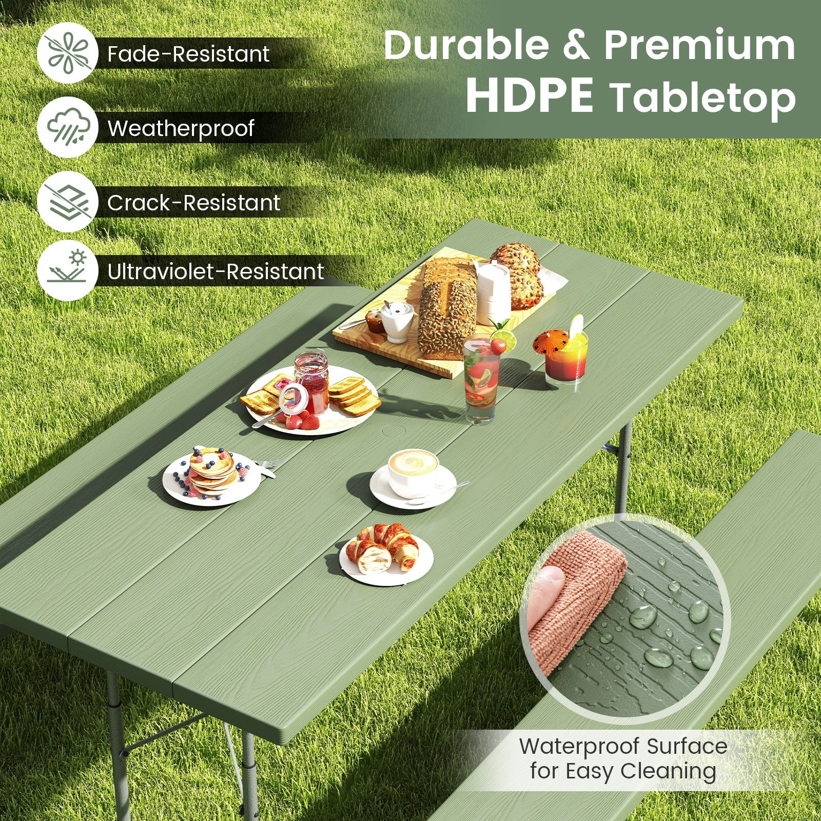Folding Picnic Table Set, Metal Frame, HDPE Tabletop, Green - Image 7