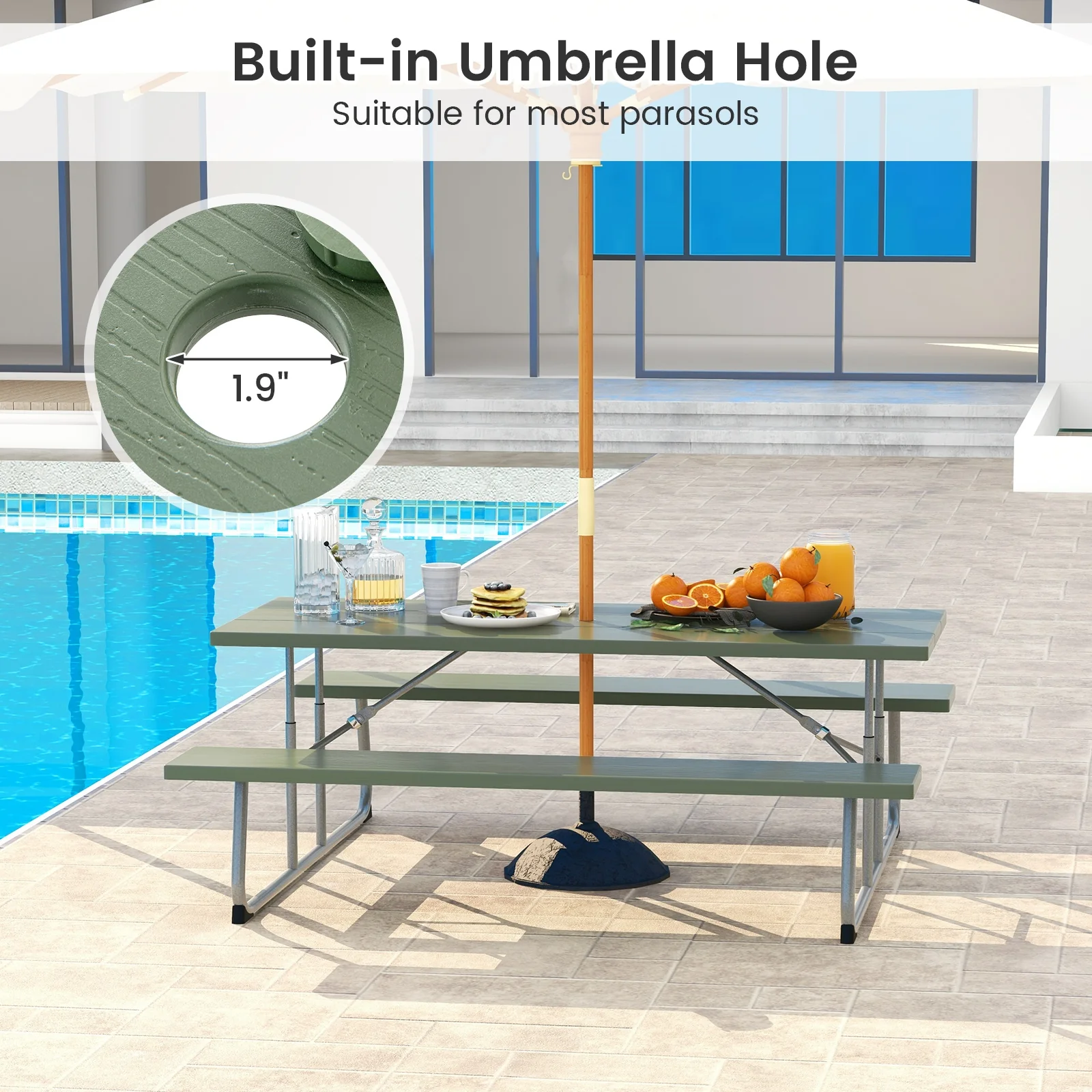Folding Picnic Table Set, Metal Frame, HDPE Tabletop, Green - Image 8