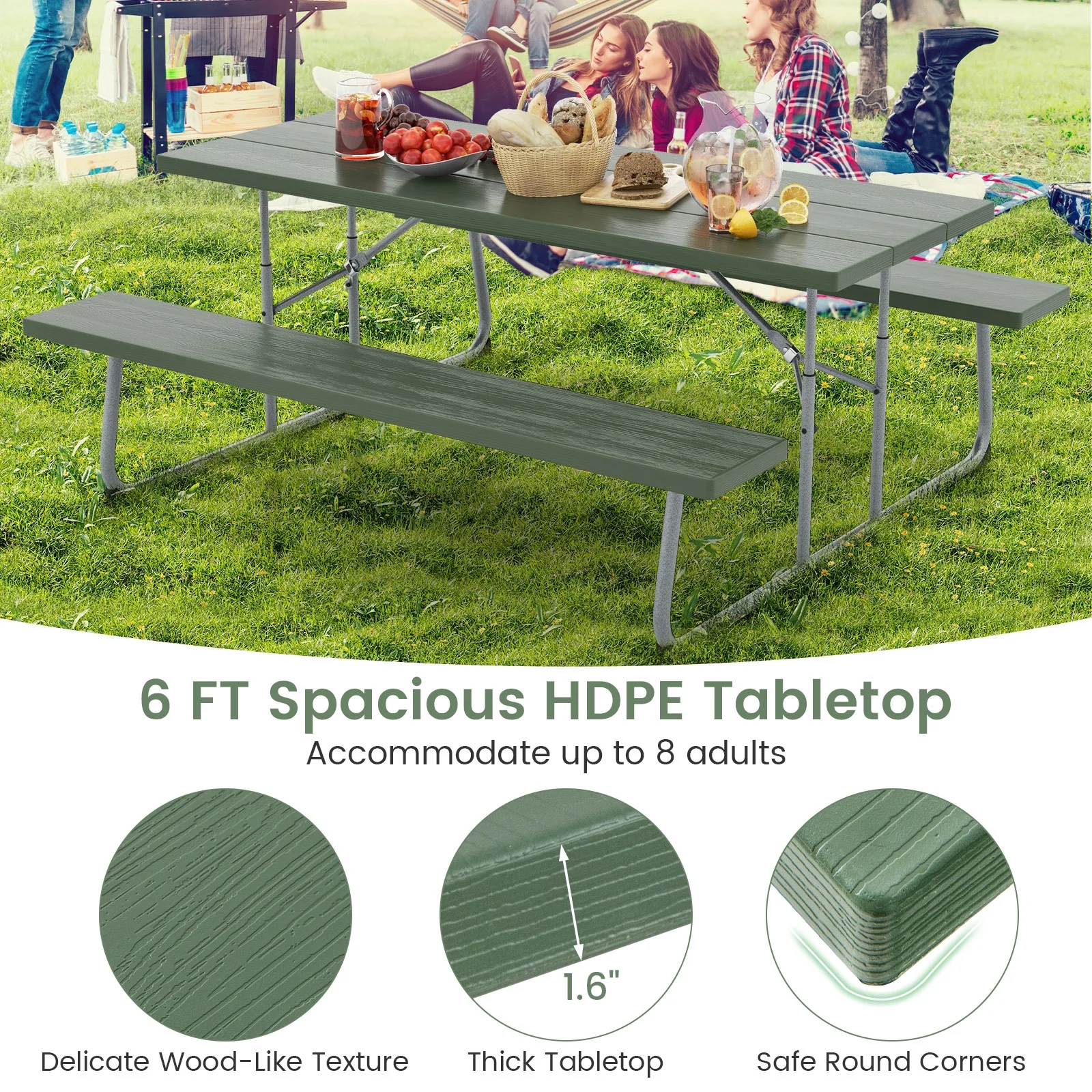 Folding Picnic Table Set, Metal Frame, HDPE Tabletop, Green - Image 9