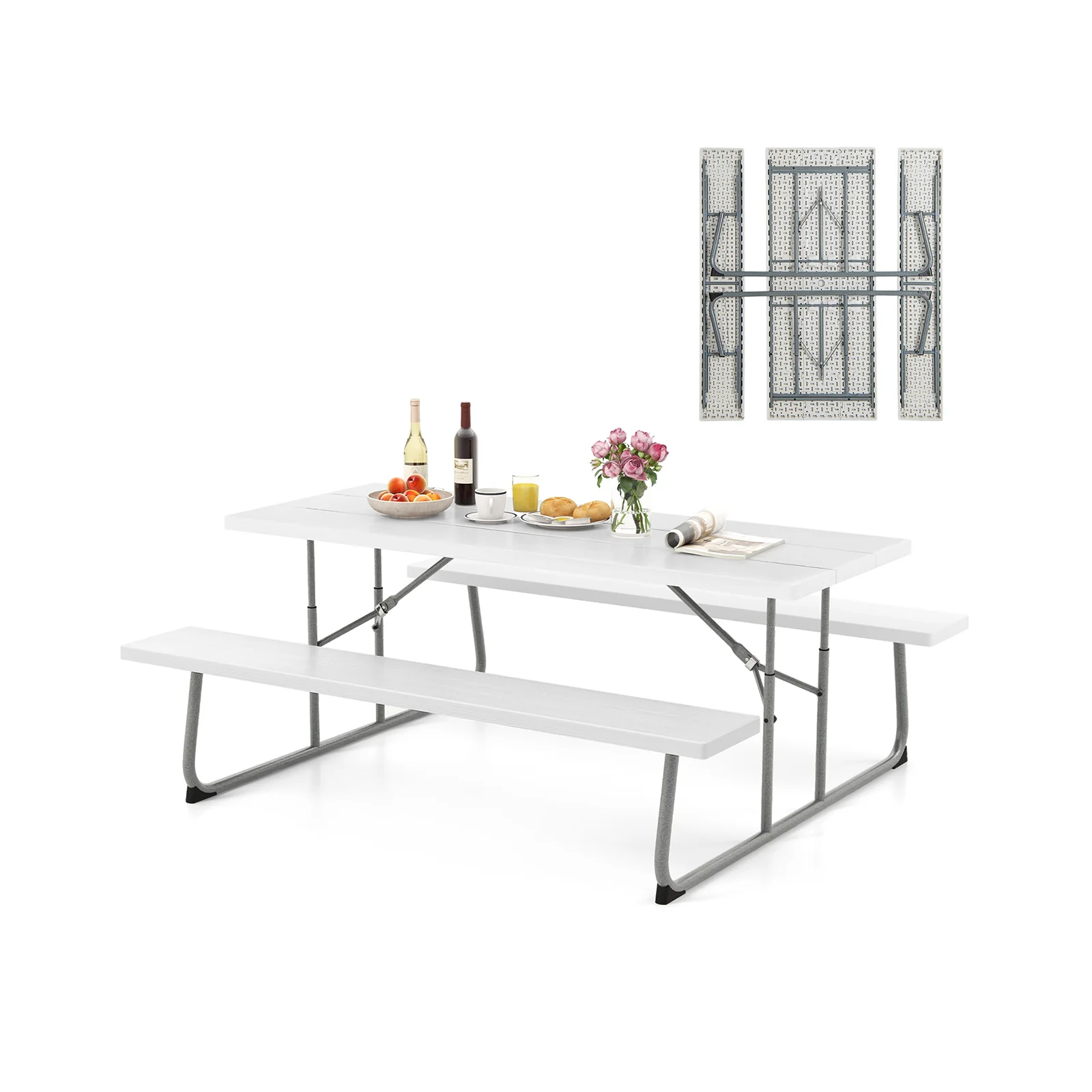 Folding Picnic Table Set, Metal Frame, HDPE Tabletop, White
