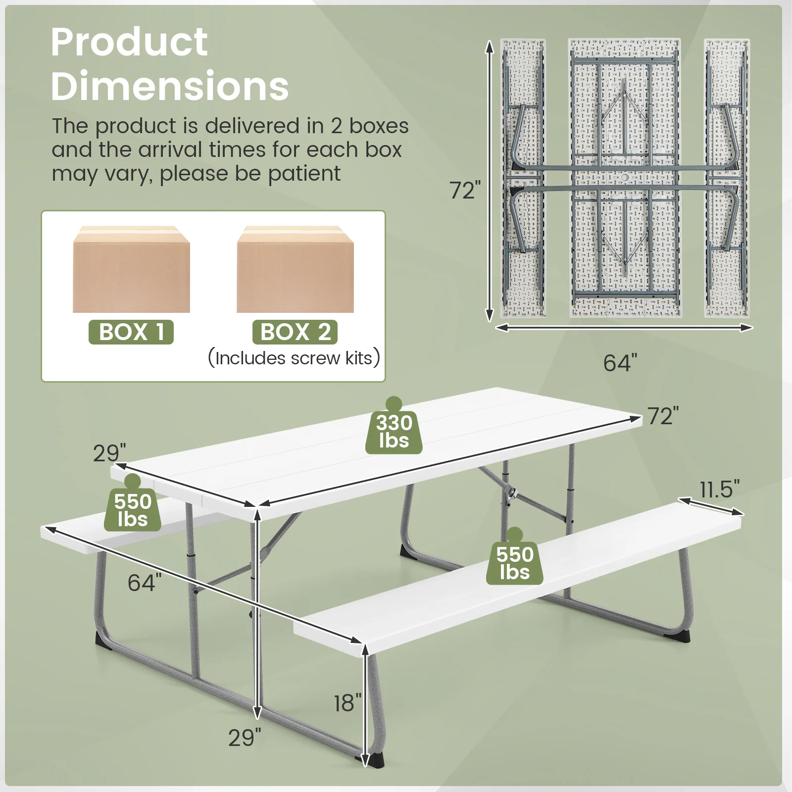 Folding Picnic Table Set, Metal Frame, HDPE Tabletop, White - Image 6