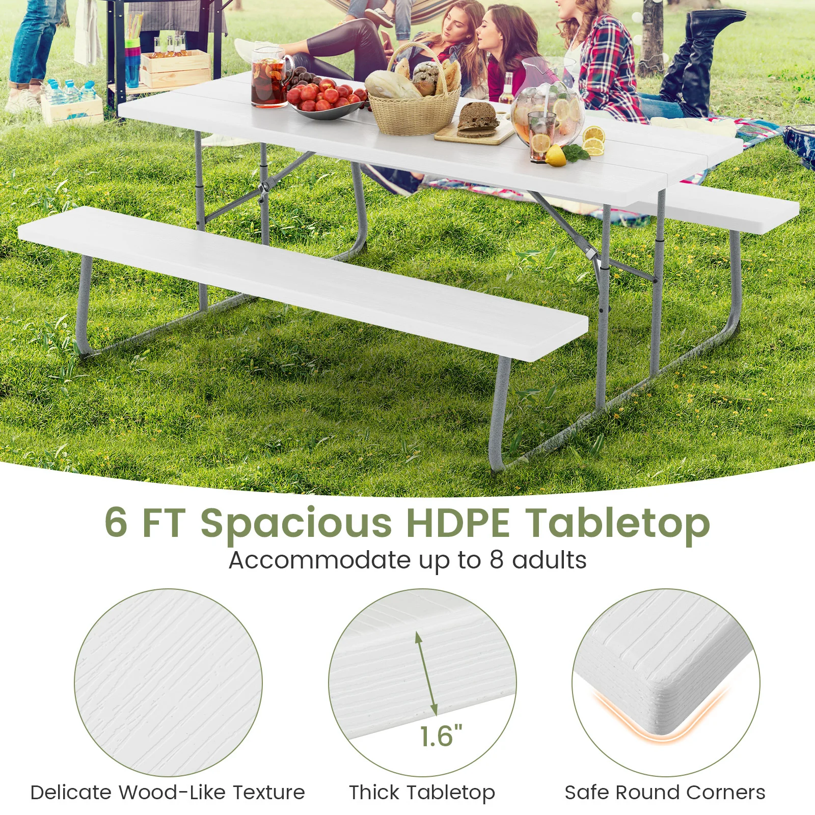 Folding Picnic Table Set, Metal Frame, HDPE Tabletop, White - Image 8