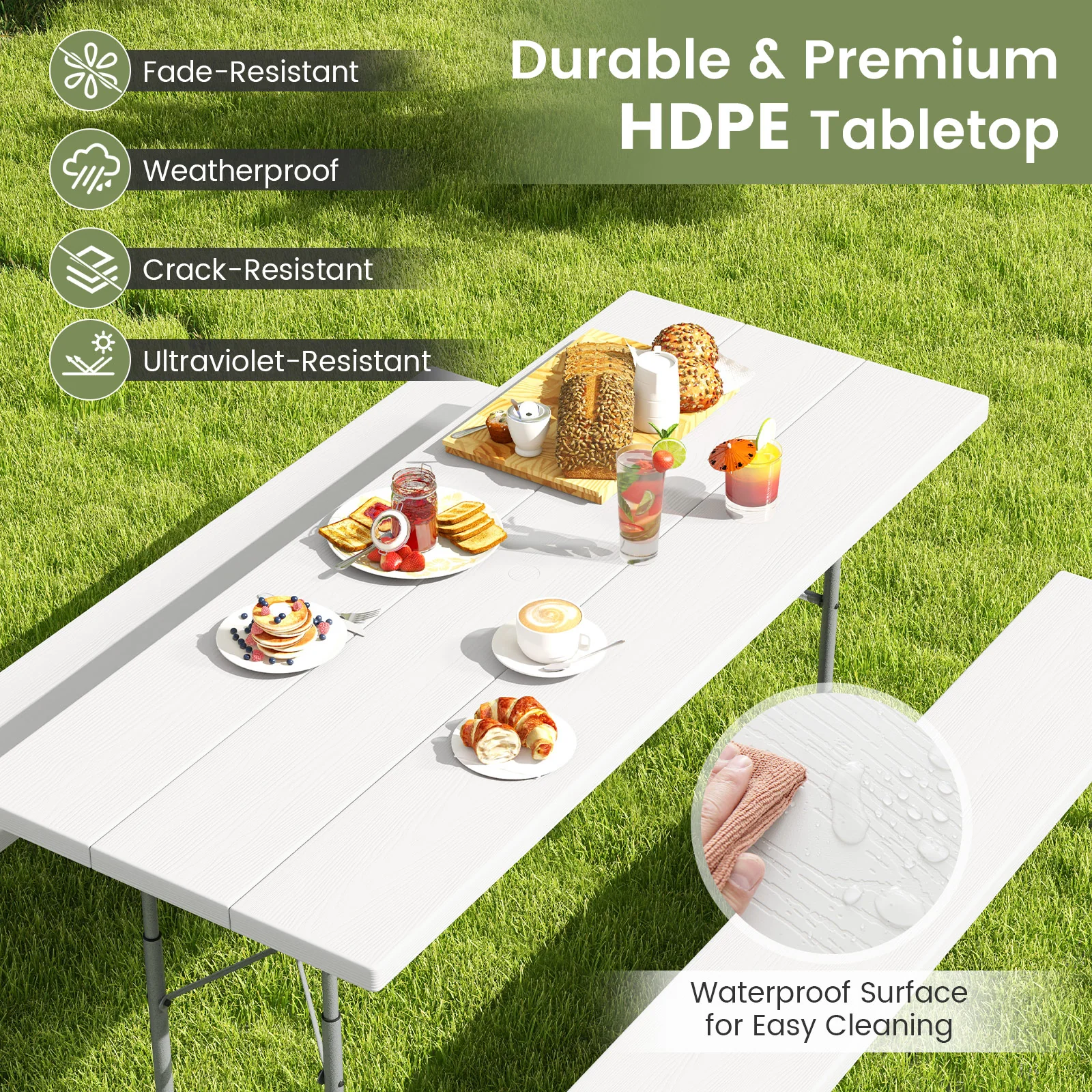 Folding Picnic Table Set, Metal Frame, HDPE Tabletop, White - Image 9