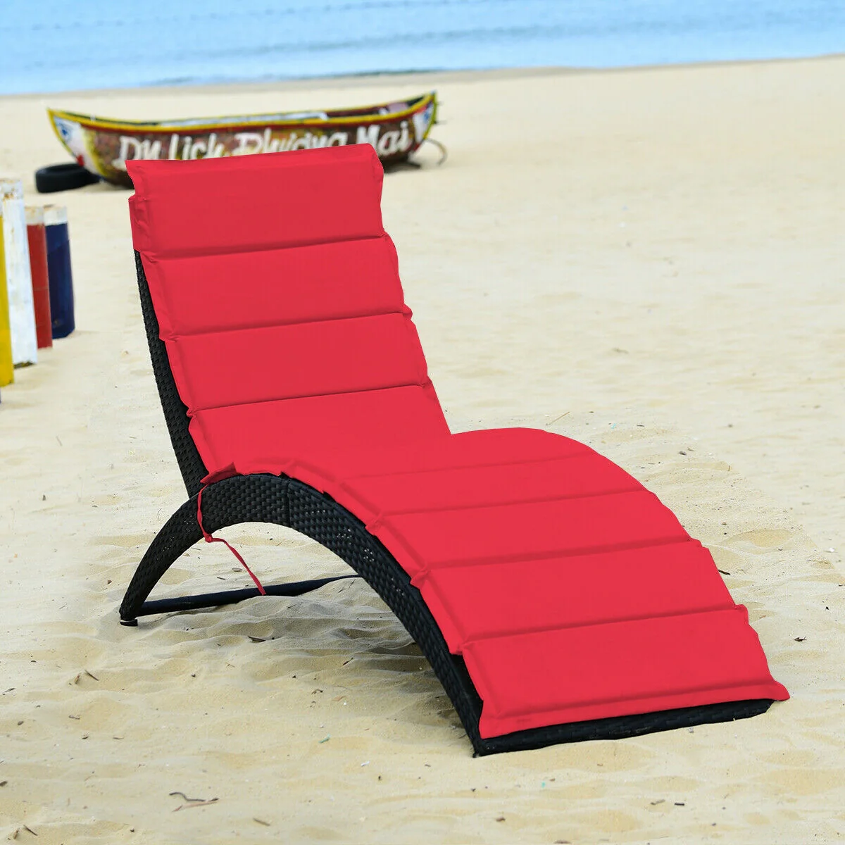 Folding Rattan Lounge Chair With Cushion, Red - Image 3