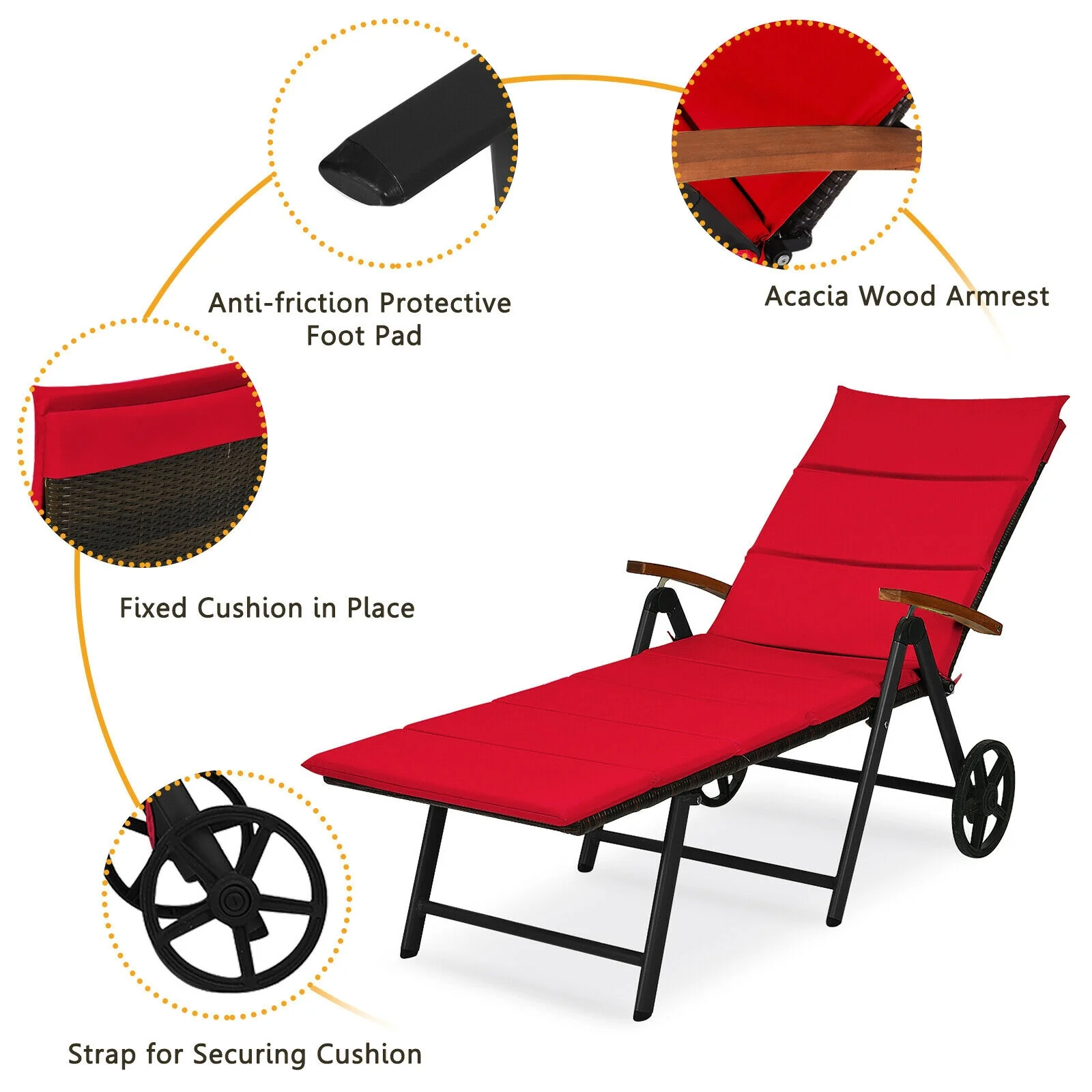 Folding Rattan Lounge Chair With Wheels, Red - Image 10
