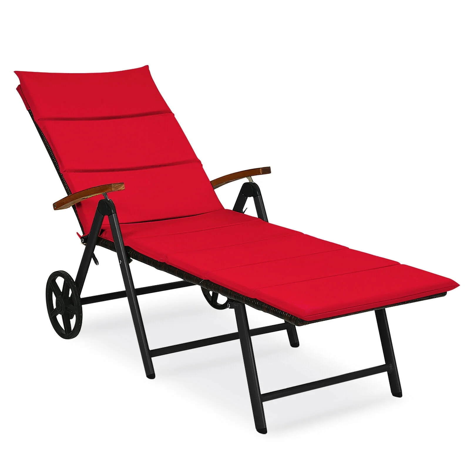 Folding Rattan Lounge Chair With Wheels, Red - Image 4