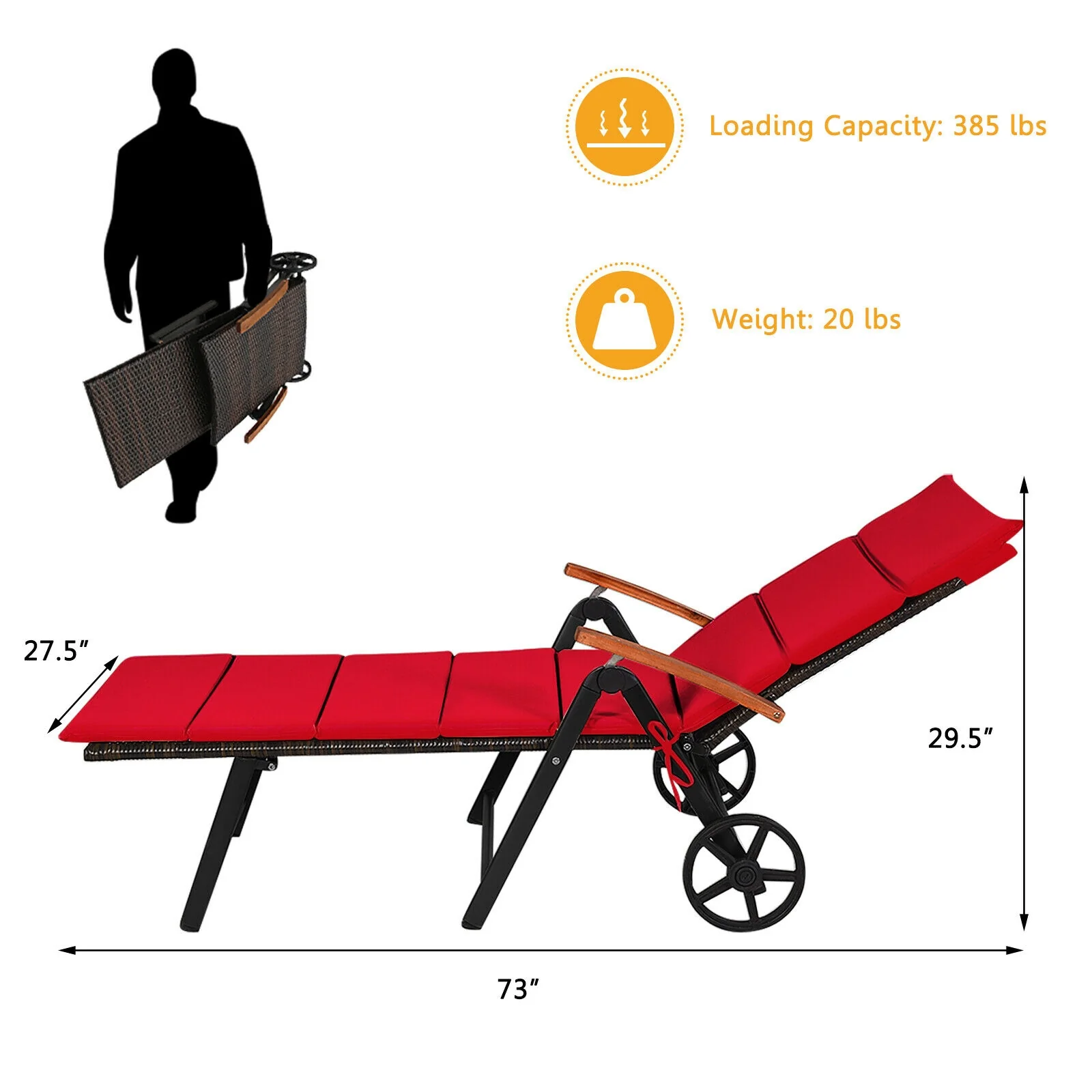 Folding Rattan Lounge Chair With Wheels, Red - Image 5