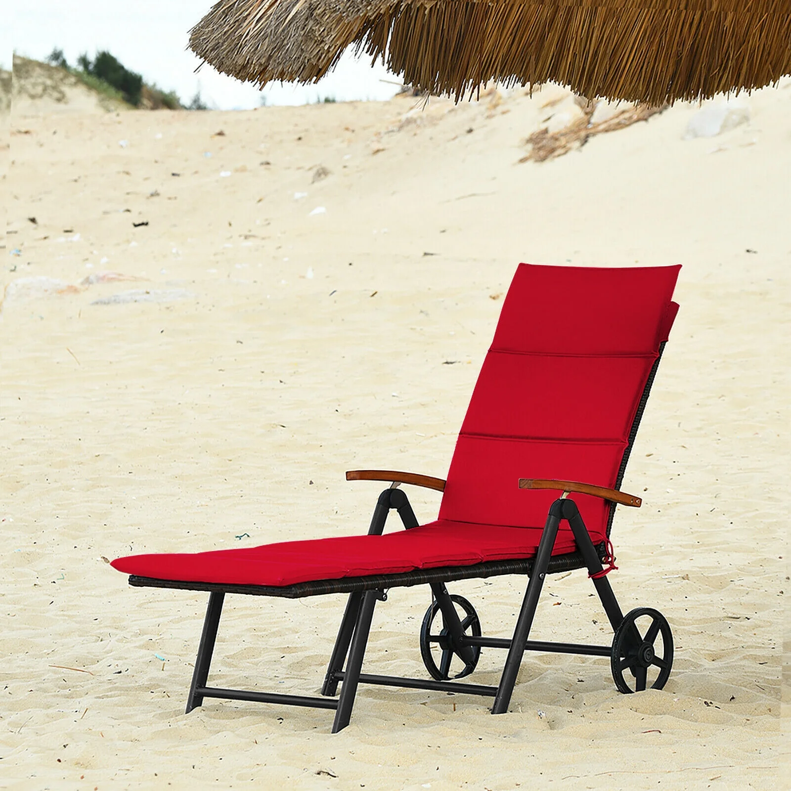 Folding Rattan Lounge Chair With Wheels, Red - Image 8