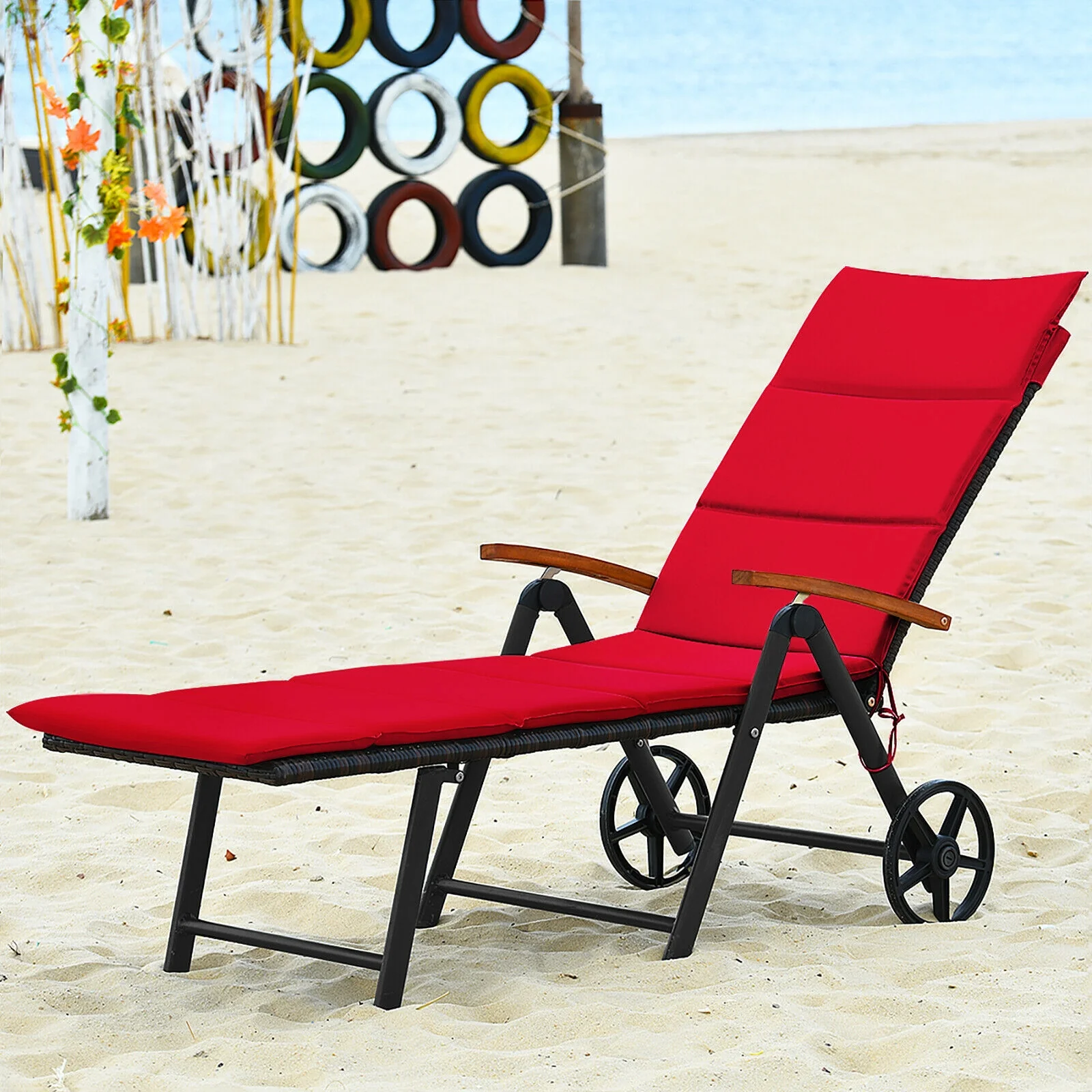 Folding Rattan Lounge Chair With Wheels, Red - Image 9