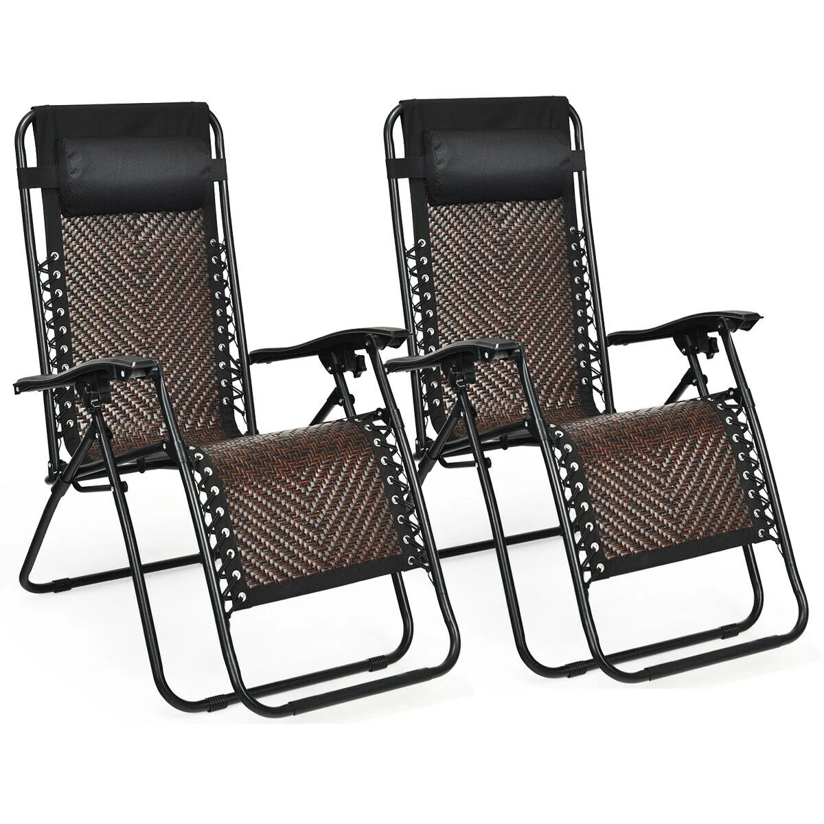 Folding Rattan Zero Gravity Lounge Chair, 2 Pieces, Light Brown