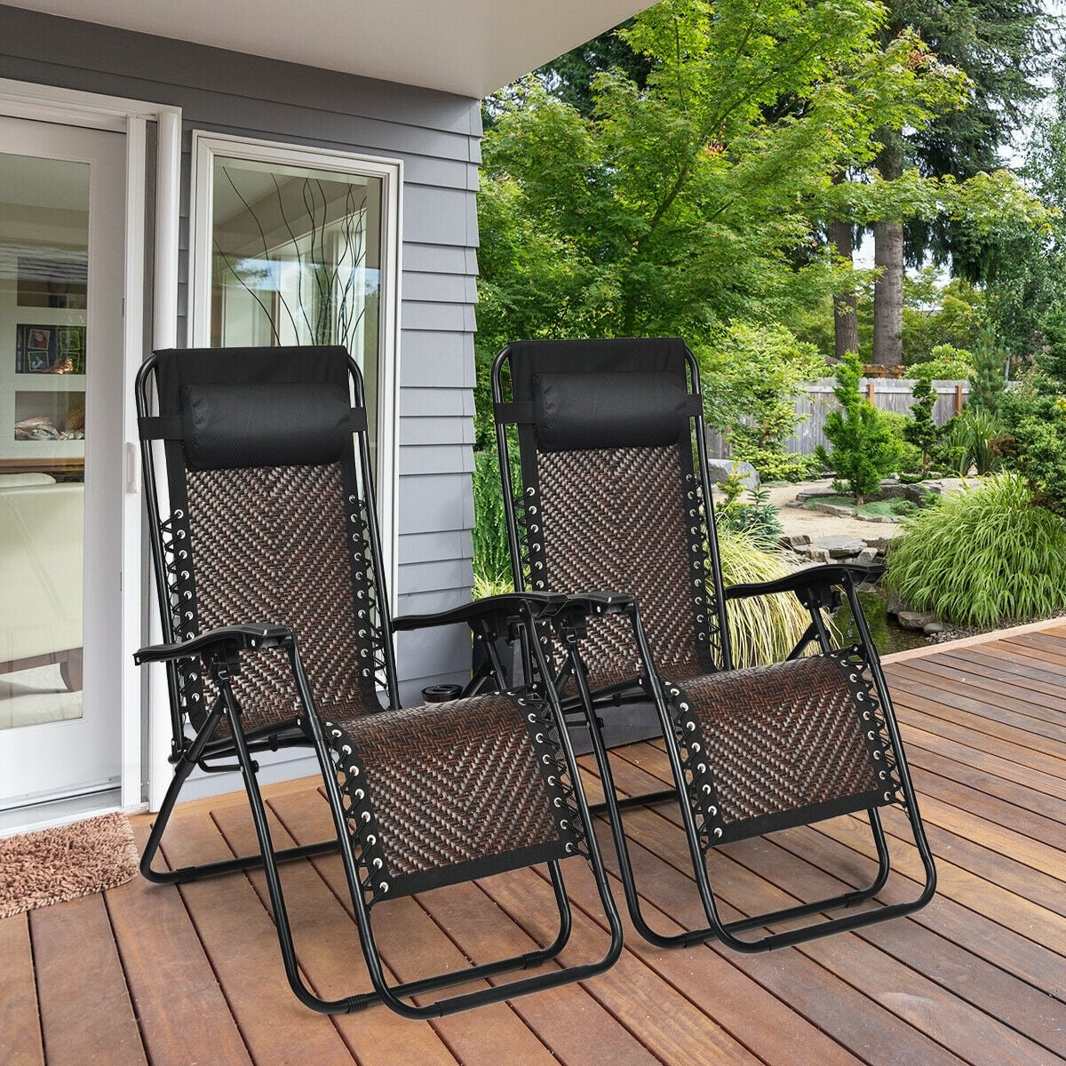 Folding Rattan Zero Gravity Lounge Chair, 2 Pieces, Light Brown - Image 2