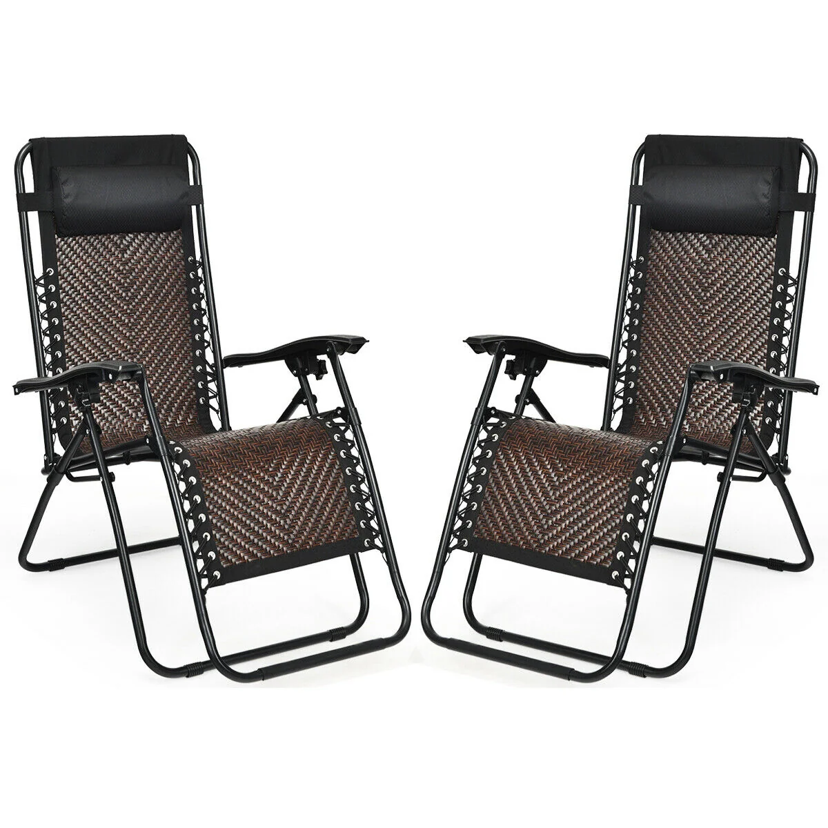 Folding Rattan Zero Gravity Lounge Chair, 2 Pieces, Light Brown - Image 9