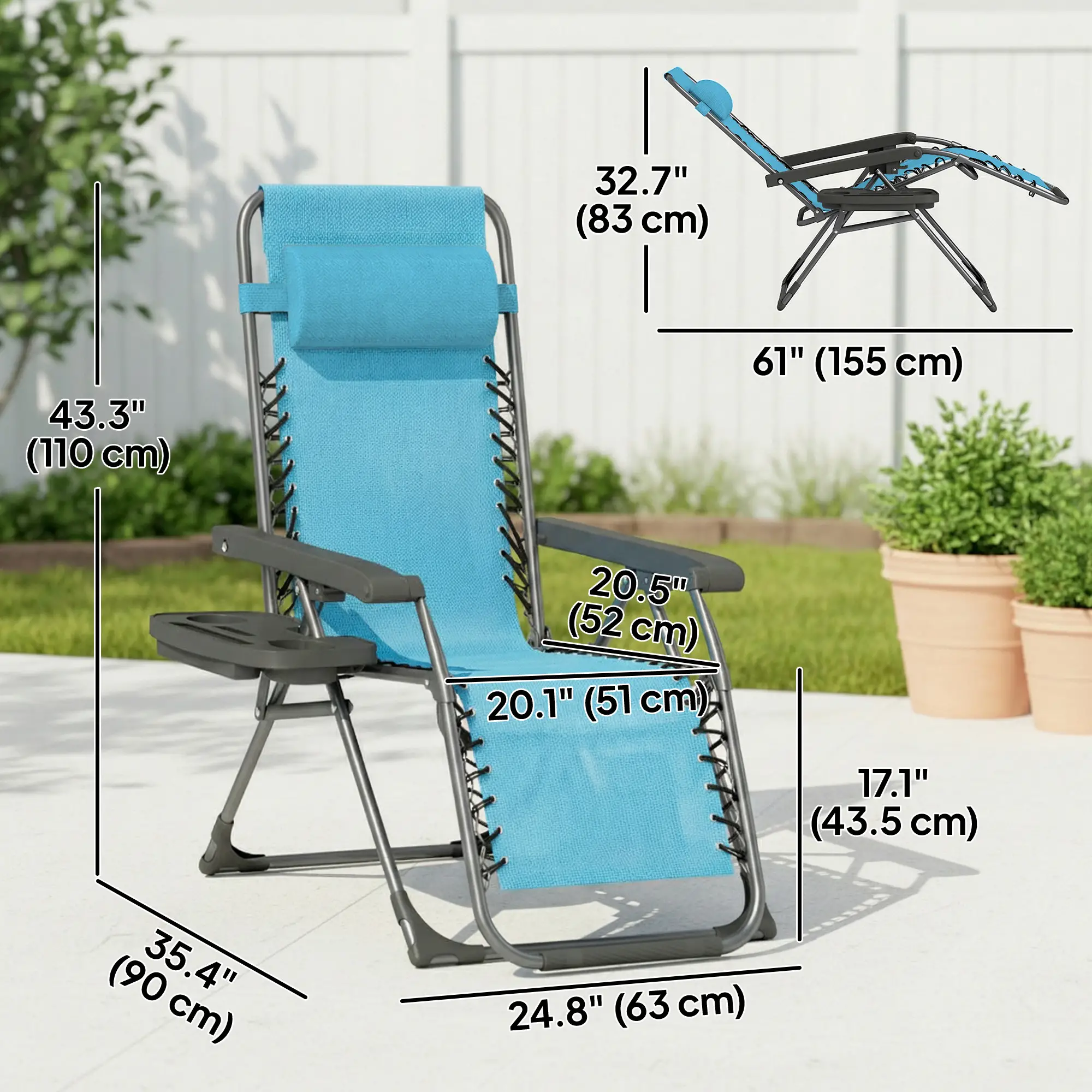 Folding Reclining Outdoor Lounge Chair, Set of 2, Sky Blue - Image 3