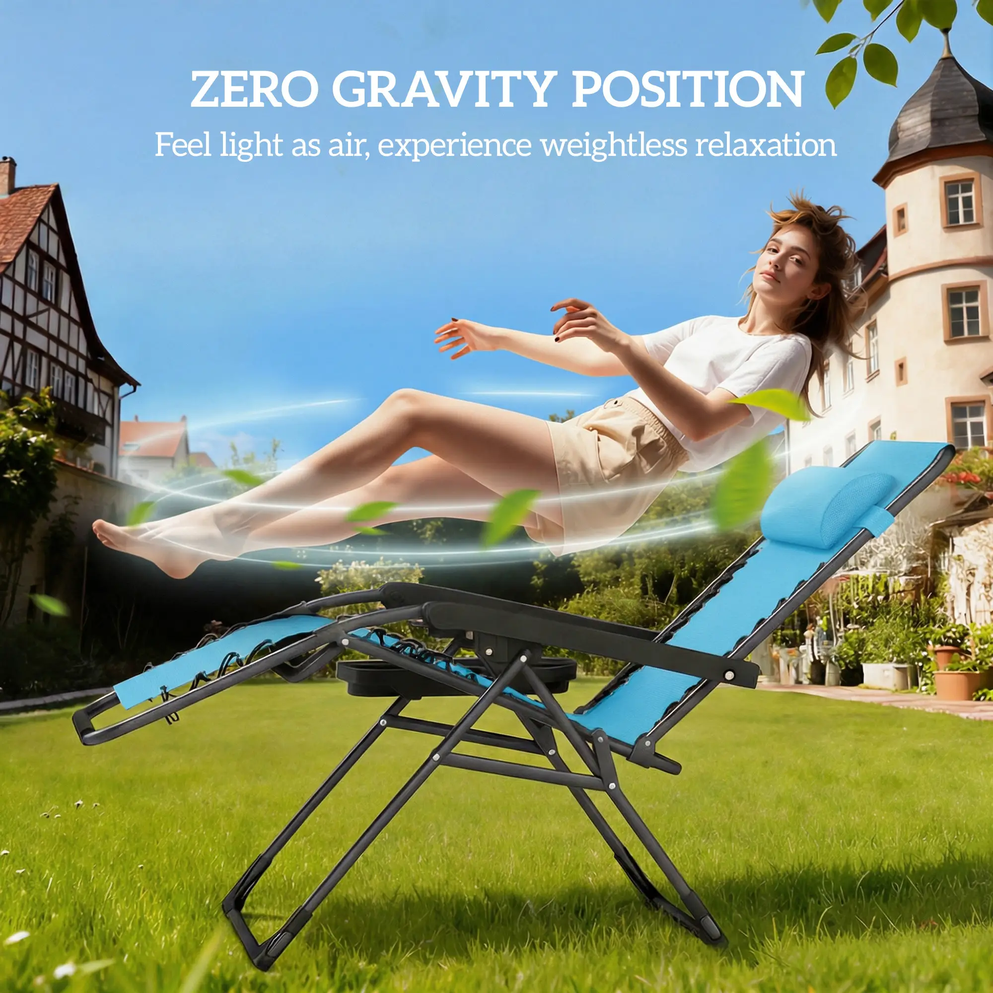Folding Reclining Outdoor Lounge Chair, Set of 2, Sky Blue - Image 4