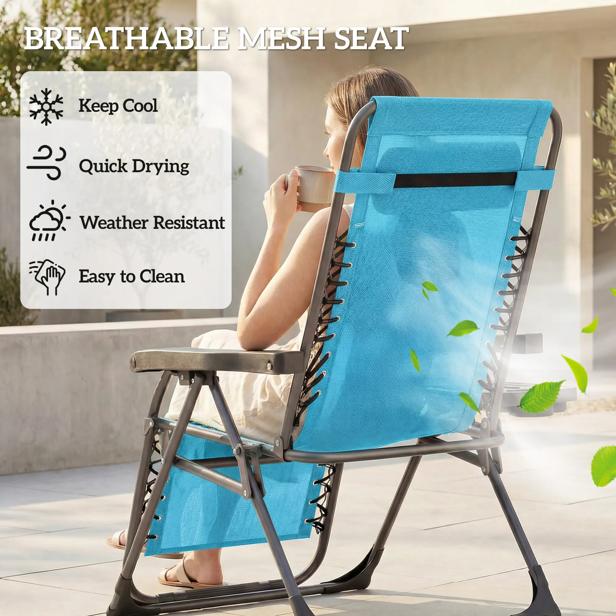 Folding Reclining Outdoor Lounge Chair, Set of 2, Sky Blue - Image 9