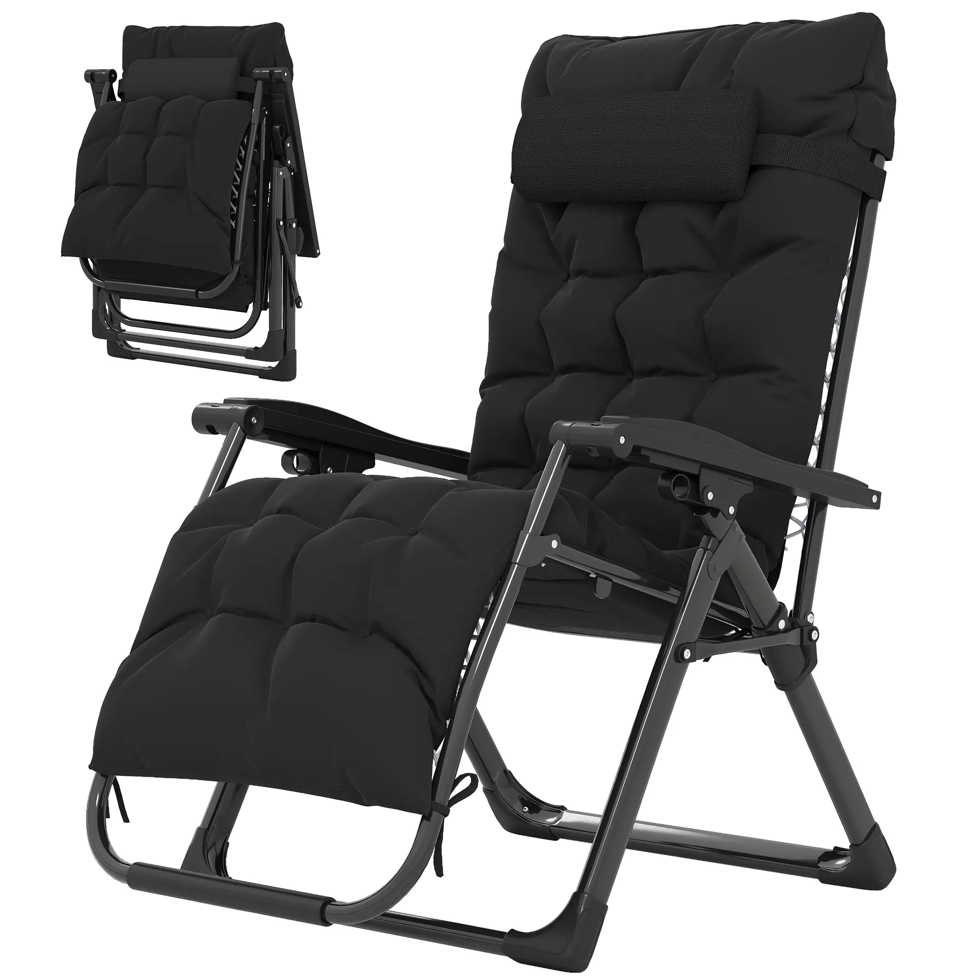 Folding Reclining Zero Gravity Sun Lounger Chair, Black - Image 11