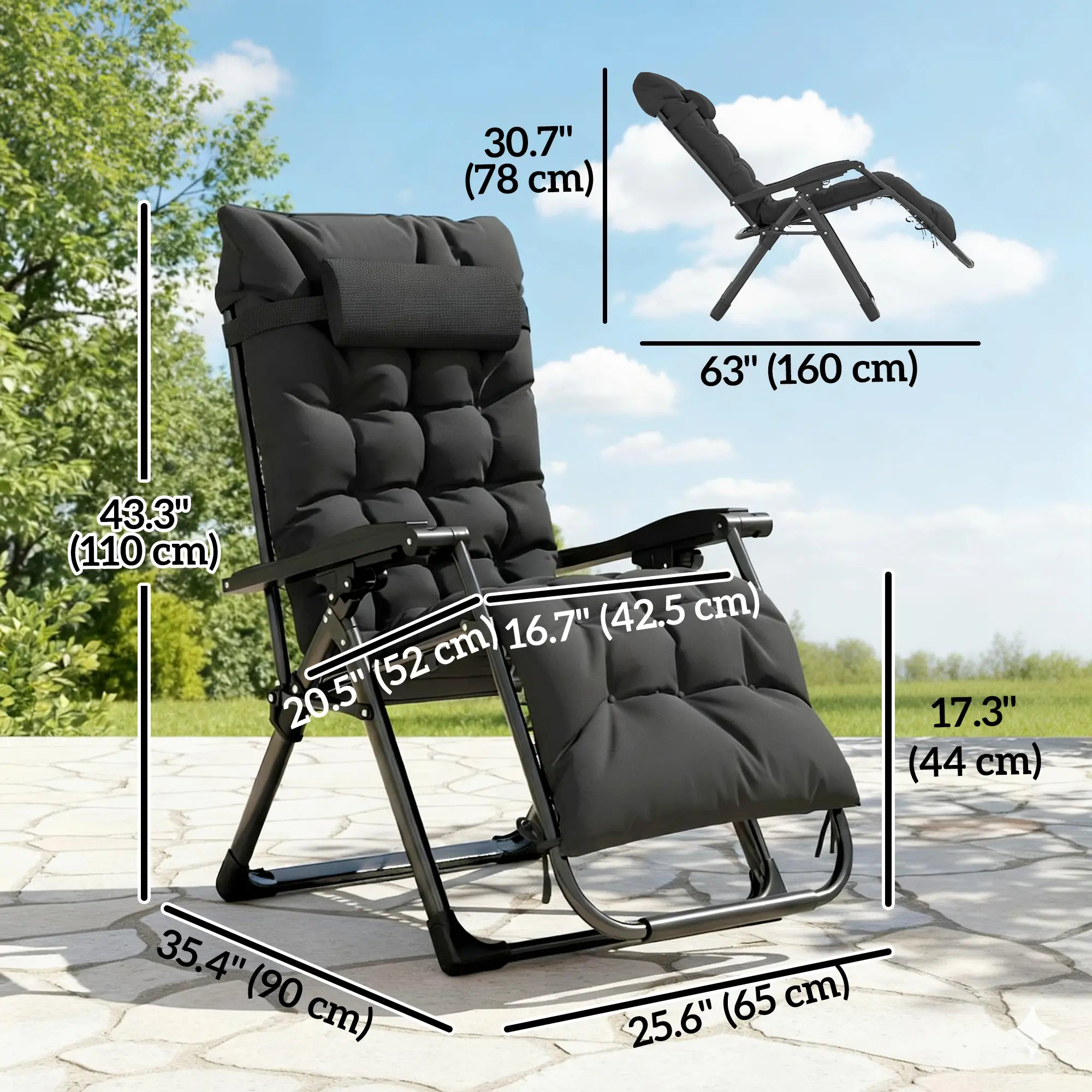 Folding Reclining Zero Gravity Sun Lounger Chair, Black - Image 3