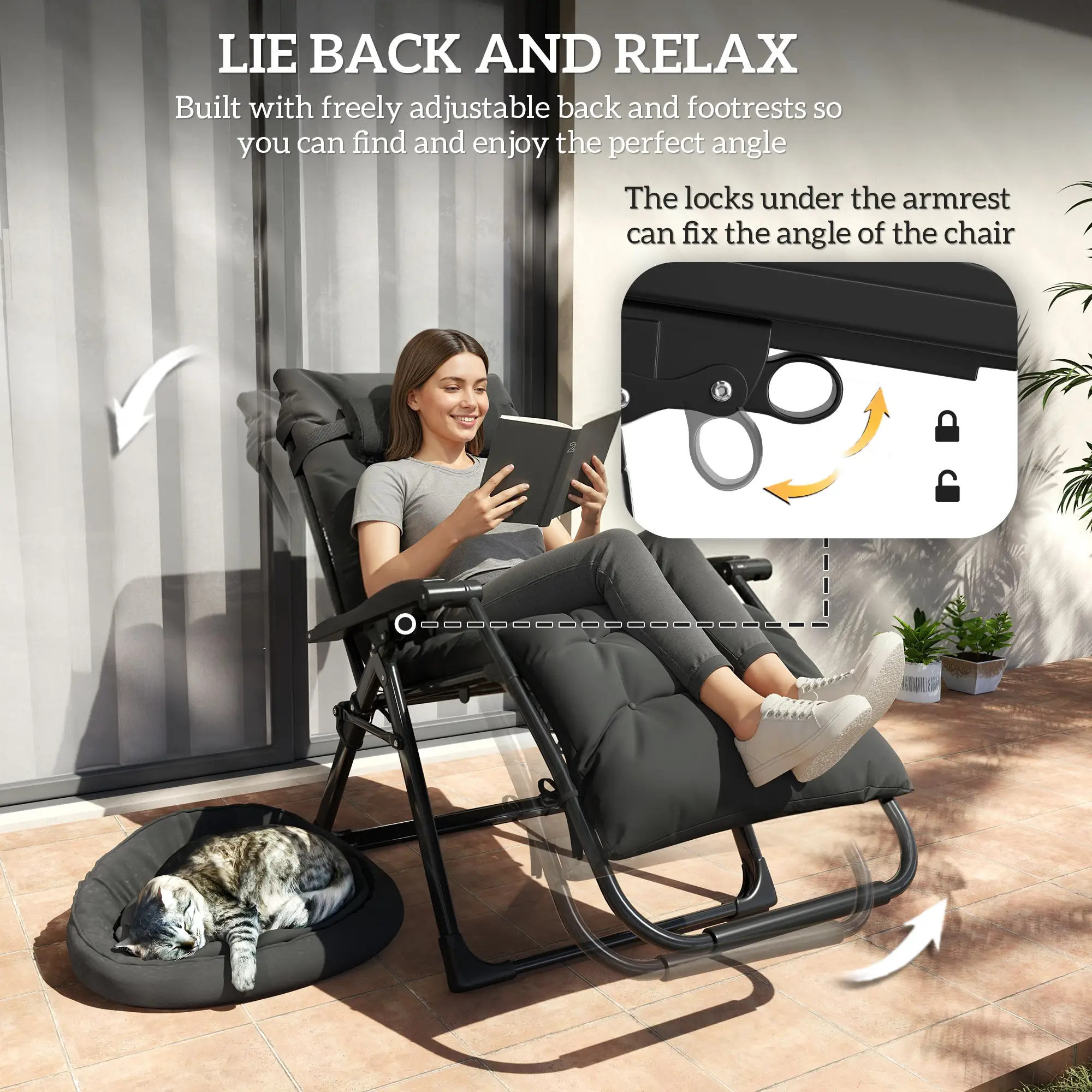 Folding Reclining Zero Gravity Sun Lounger Chair, Black - Image 4