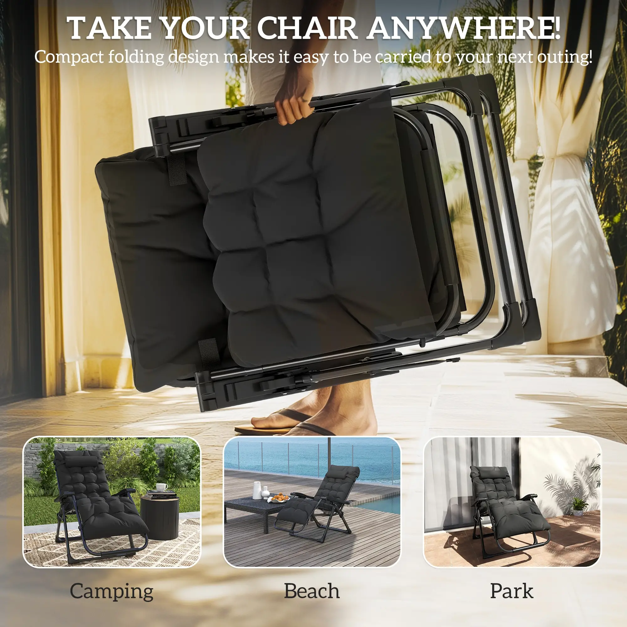 Folding Reclining Zero Gravity Sun Lounger Chair, Black - Image 5