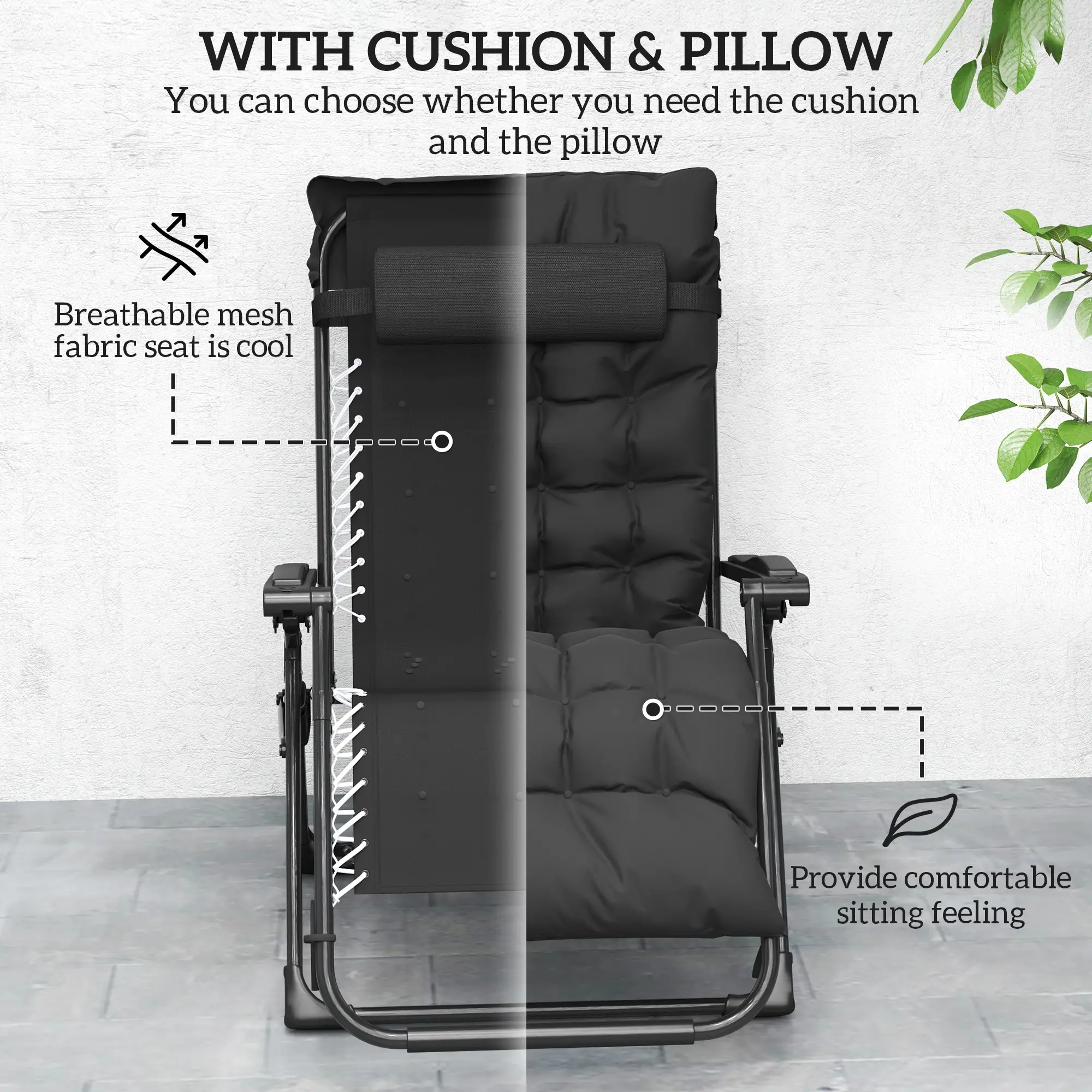 Folding Reclining Zero Gravity Sun Lounger Chair, Black - Image 6